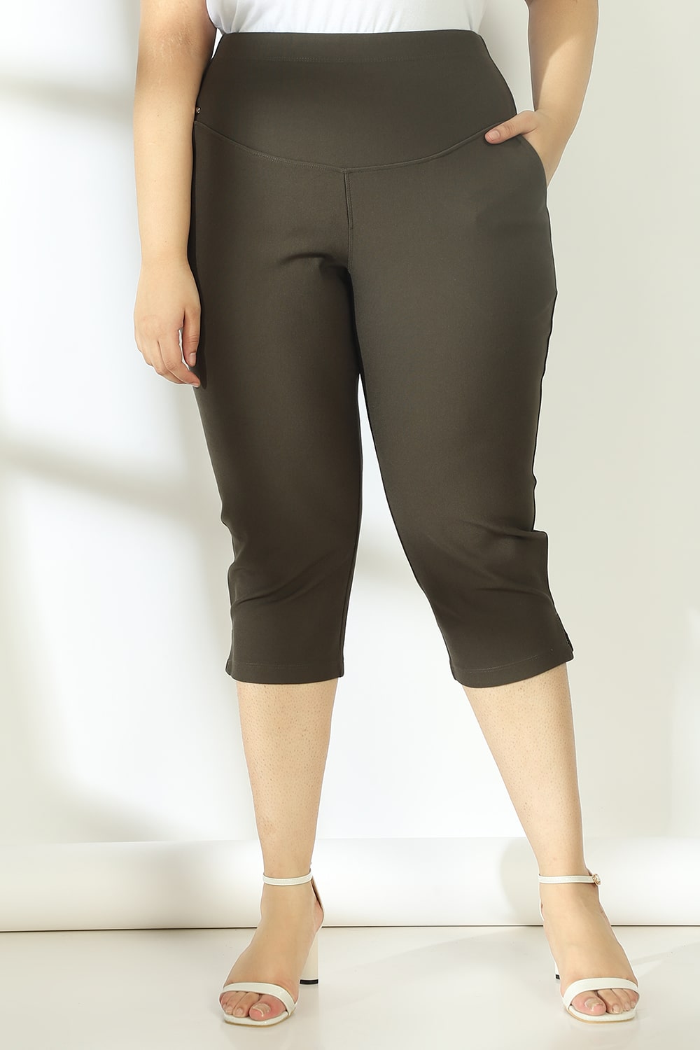 Plus Size Olive Tummy Tucker Crop Pants Online in India