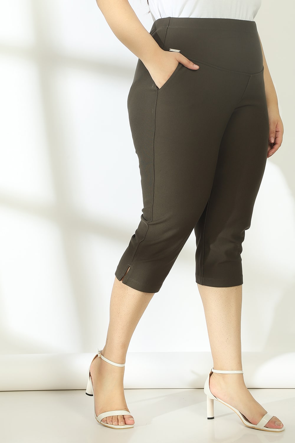 Olive Tummy Tucker Crop Pants for Women