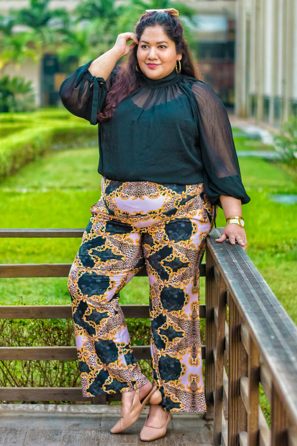 Gold Baroque Tummy Shaper Printed Flare Pants