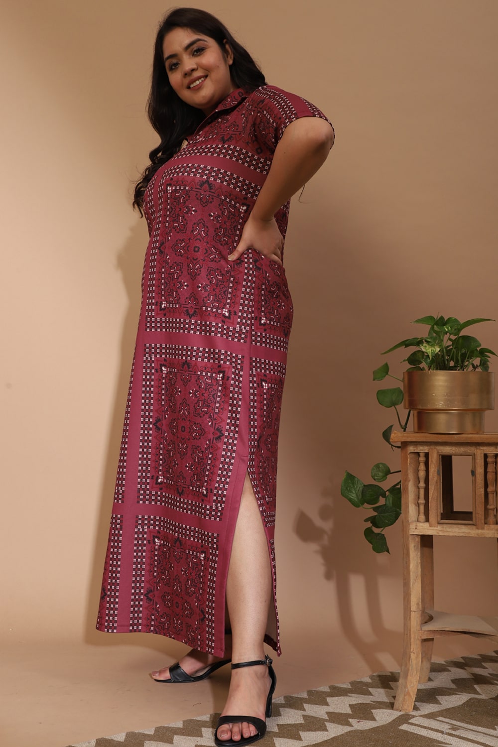 Plus Size Dusty Pink Ethnic Scarf Print Side Slit Long Dress