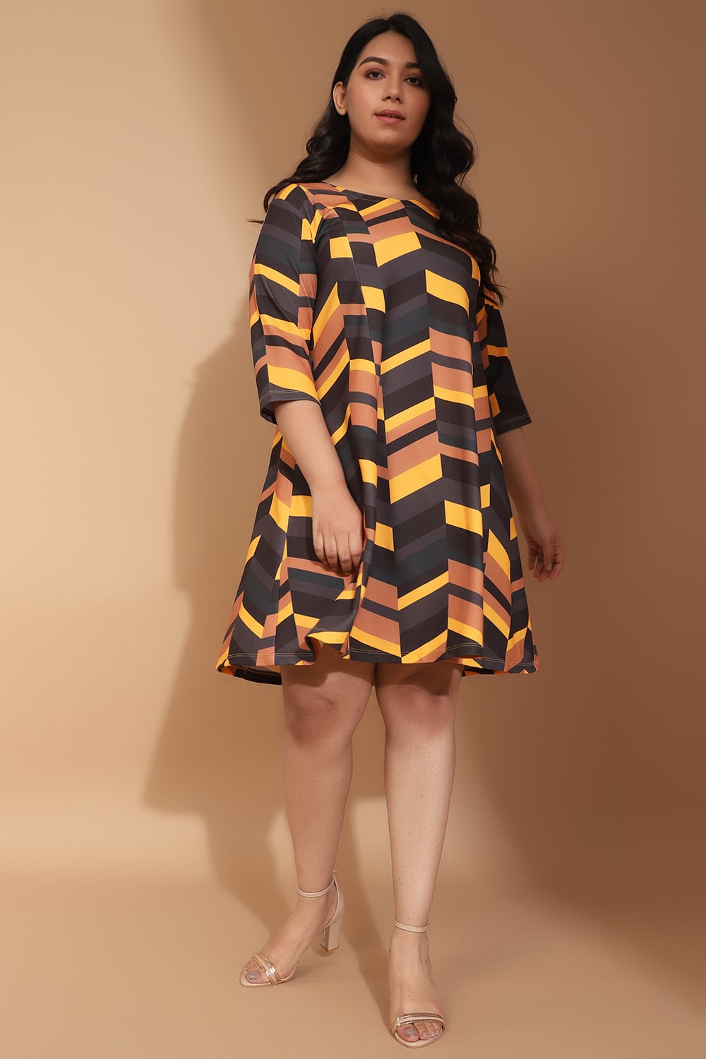 Buy Plus Size Yellow Midi Dress in Chevron Play Print Online