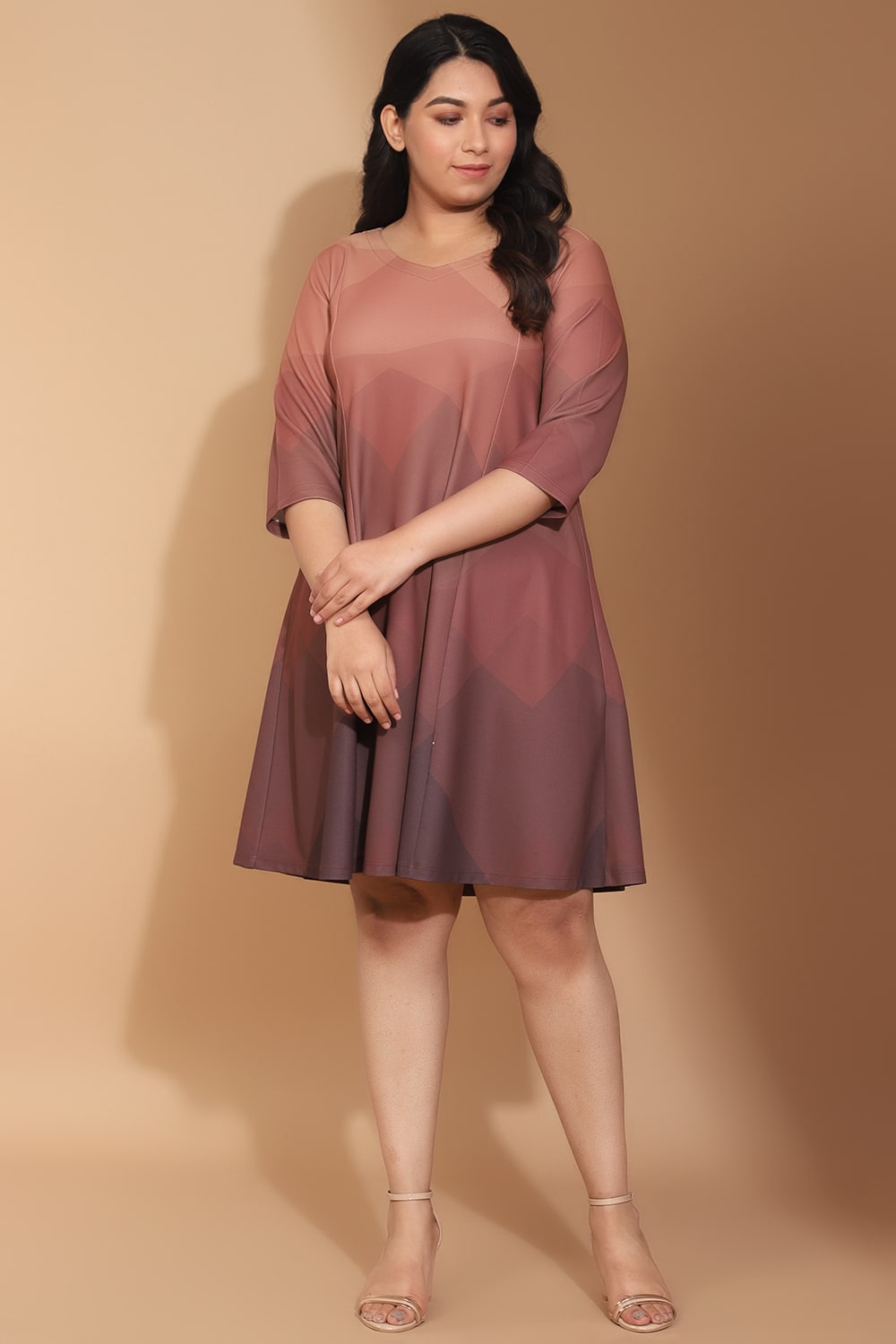 Beige Prism Printed Plus Size Midi Dress Online in India