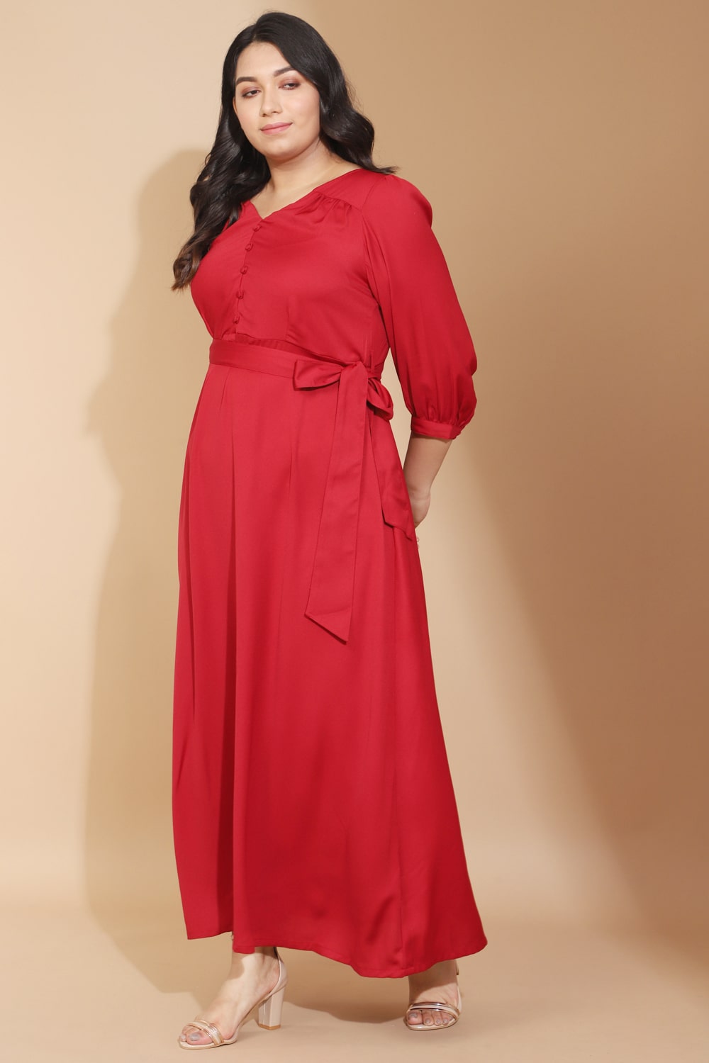 Button Detailing Full Sleeved Red Dress