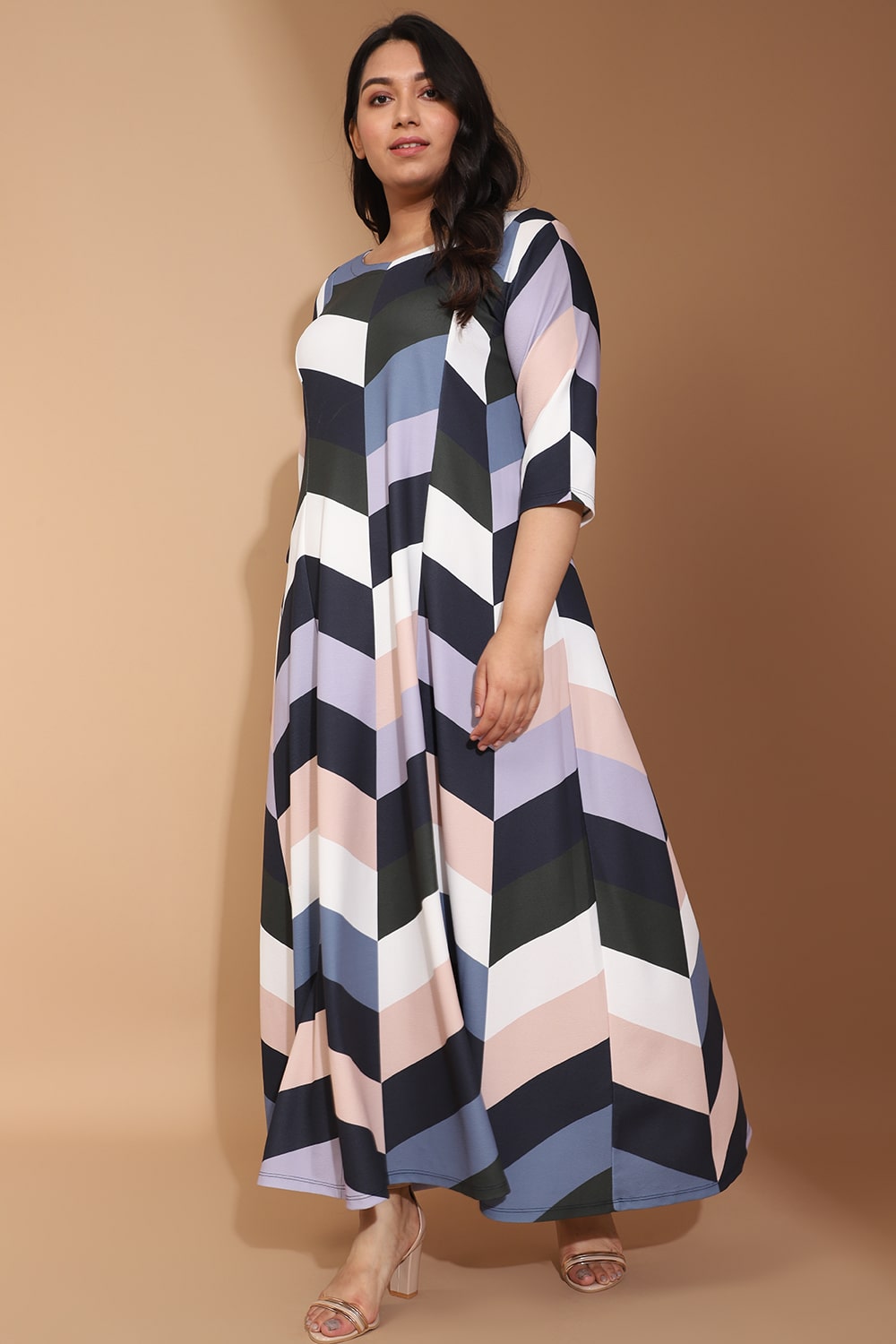 amydus maxi dresses Plus Size Blue Chevron Melody Printed Maxi Dress Online in India