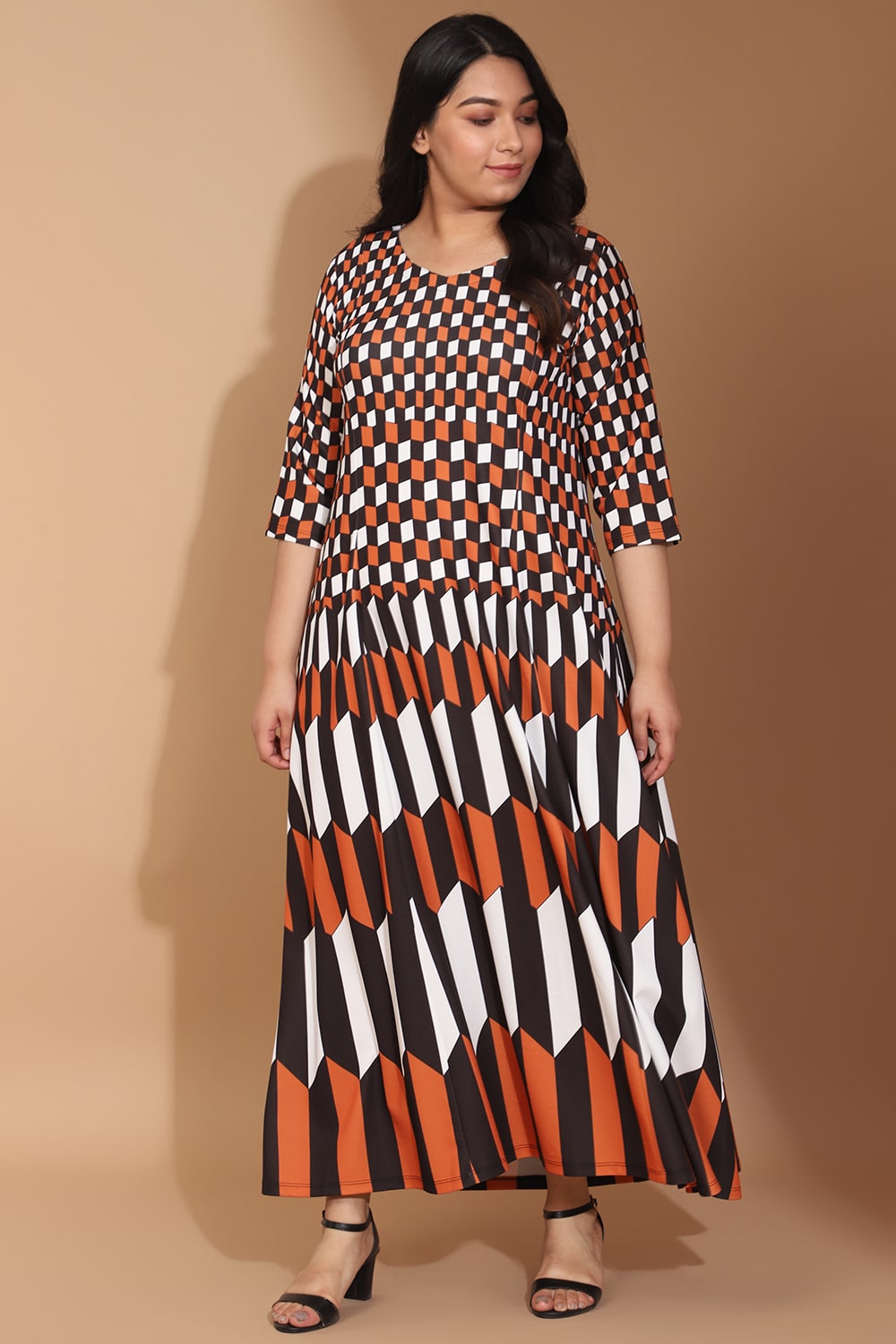 Buy Plus Size Tan Black Chevron Play Printed Maxi Dress Online For Women