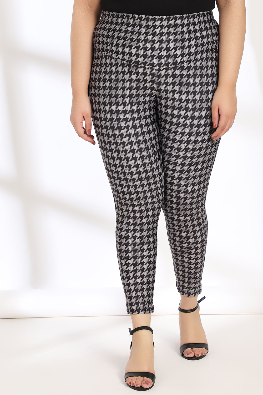 Black Grey Houndstooth Tummy Shaper Printed Leggings