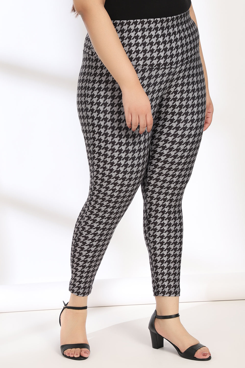 Black Grey Houndstooth Tummy Shaper Printed Leggings