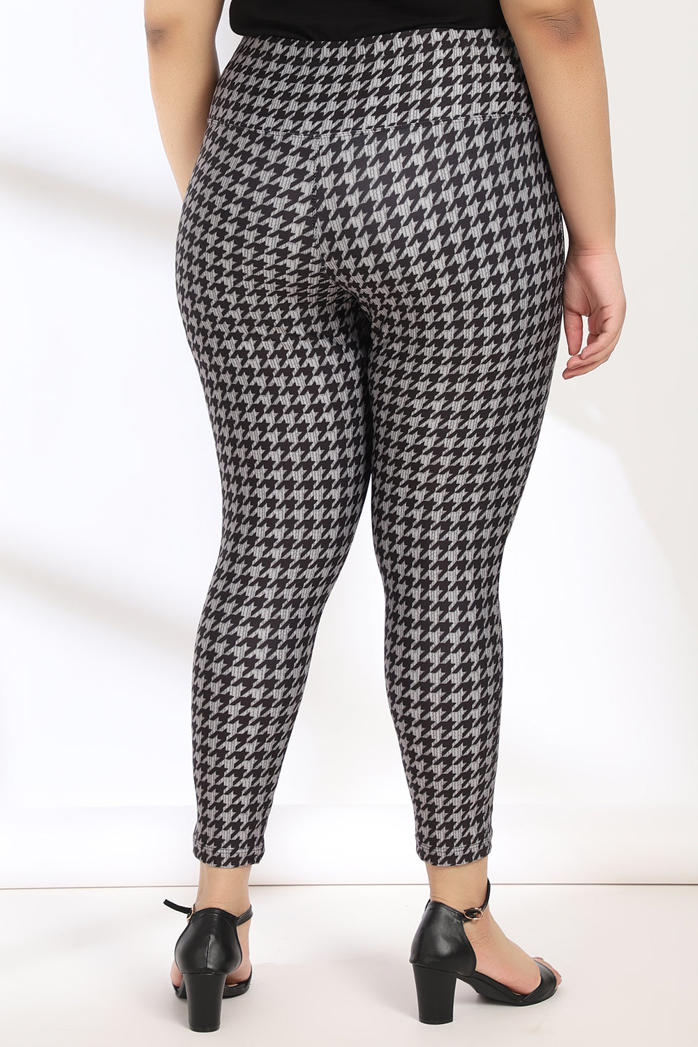Black Grey Houndstooth Tummy Shaper Printed Leggings