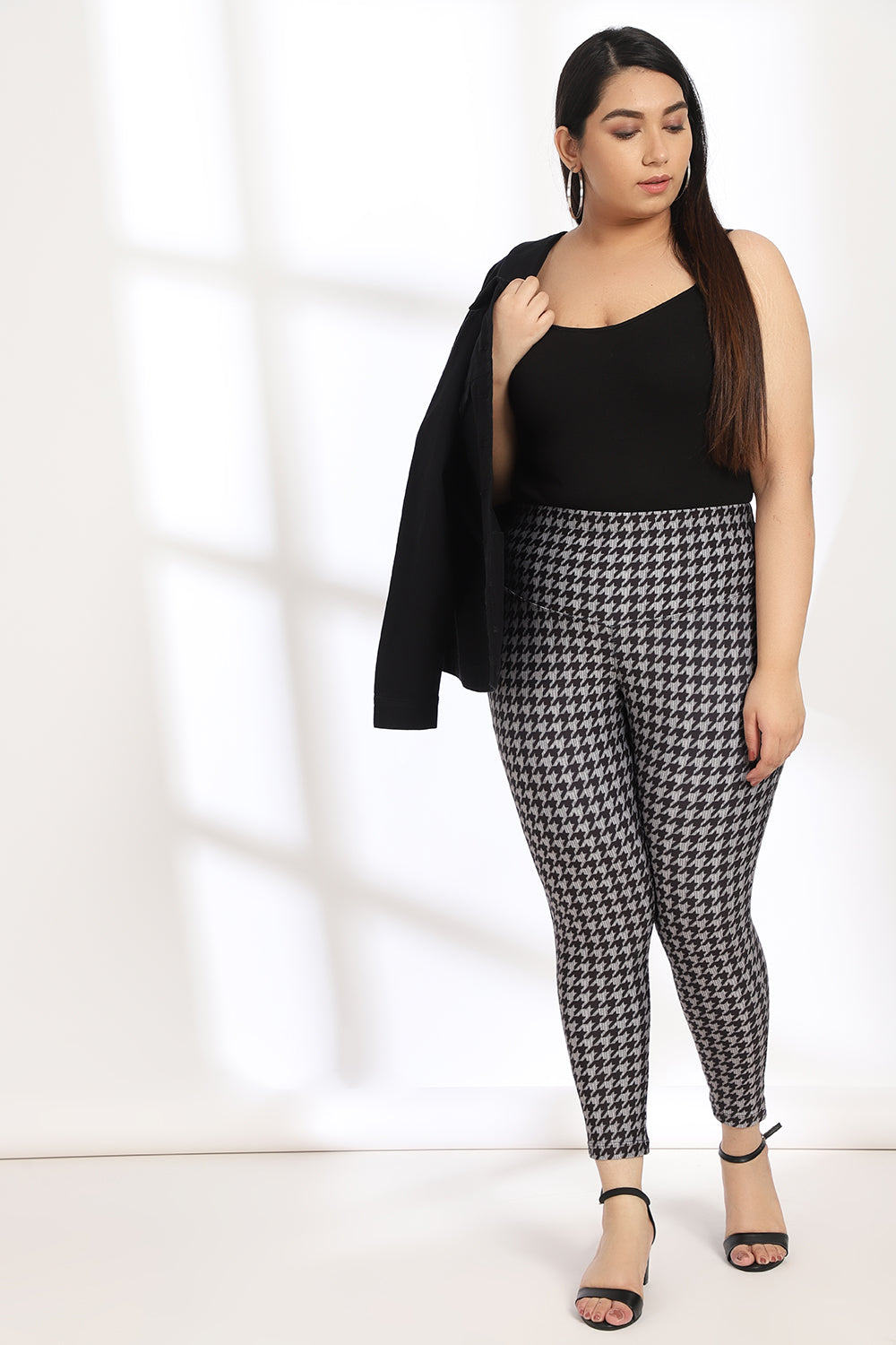 Amydus Black Grey Houndstooth Tummy Shaper Printed Plus Size Leggings