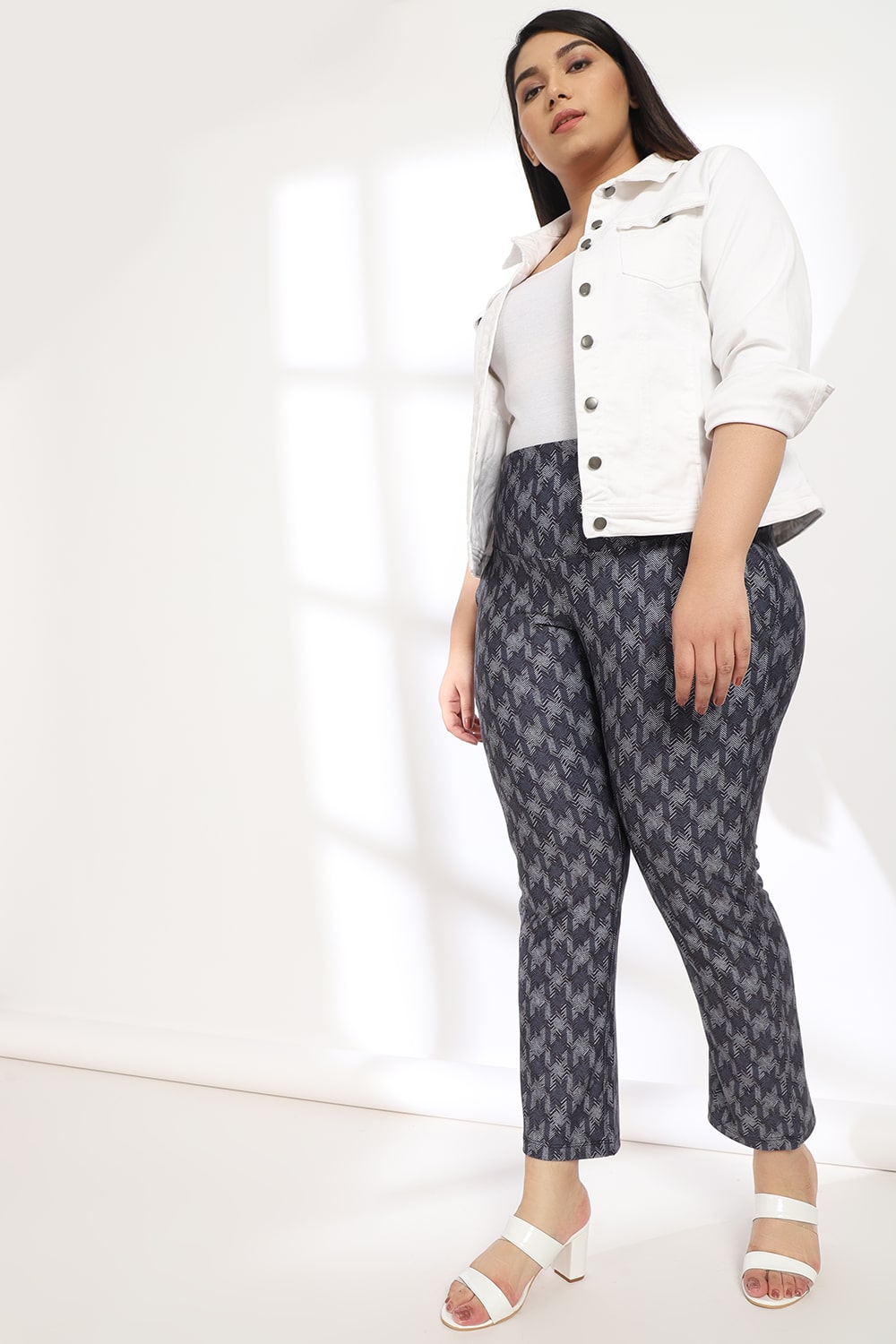 Blue White Houndstooth Tummy Shaper Printed Pants
