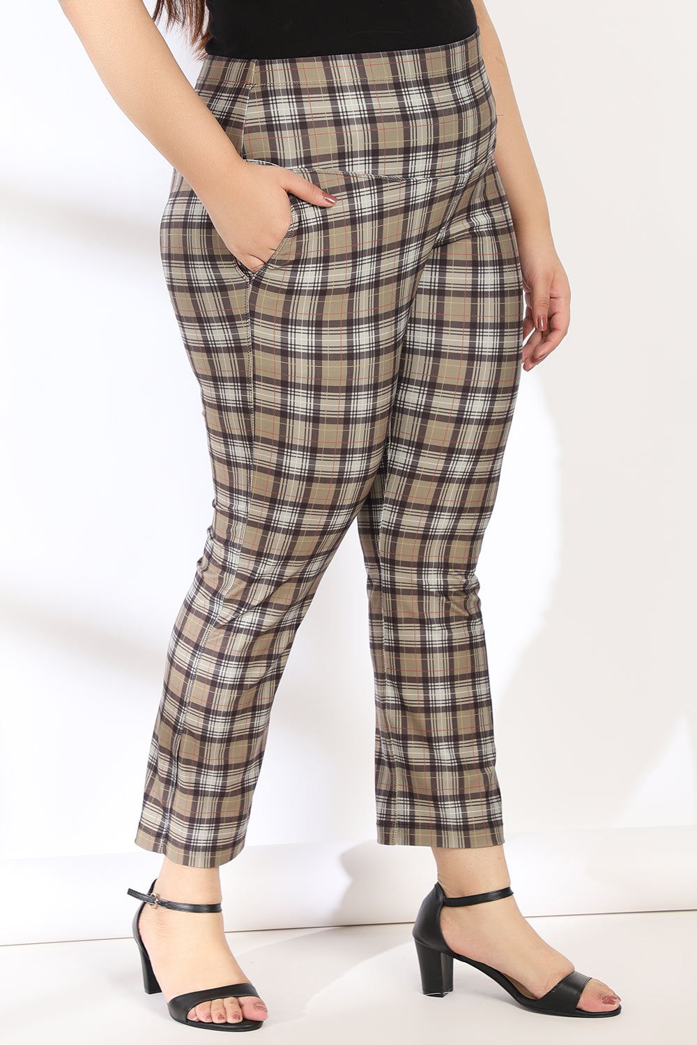 Olive Black Checks Tummy Shaper Printed Pants