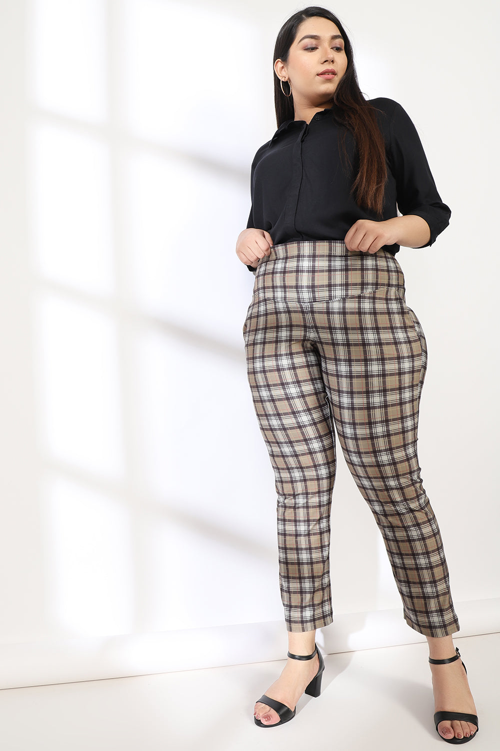 Olive Black Checks Tummy Shaper Printed Pants for Women
