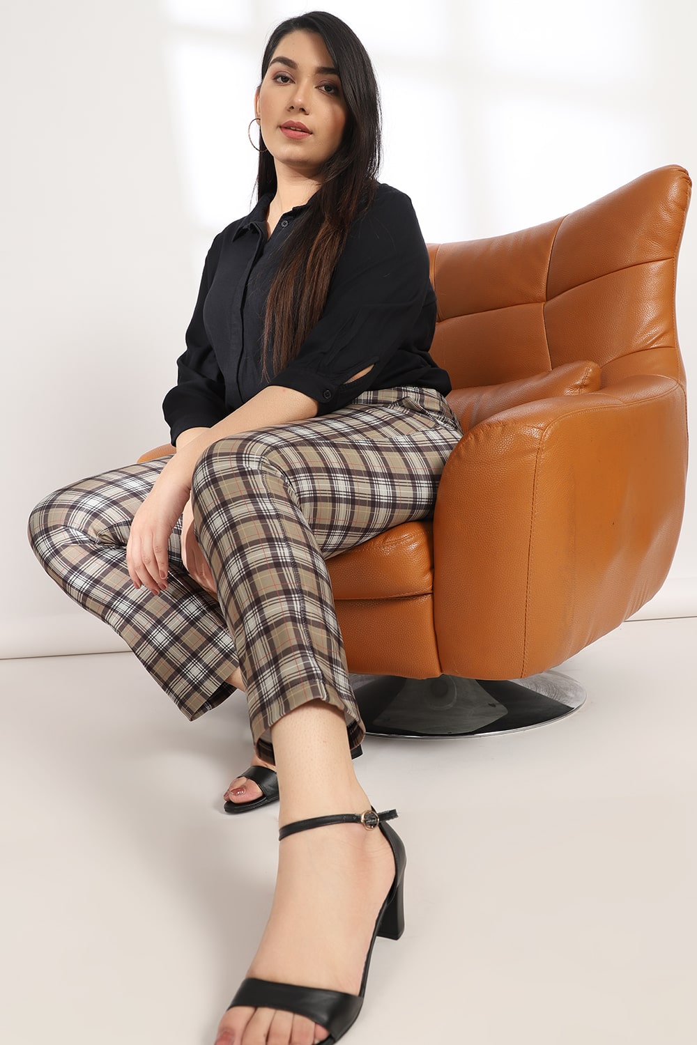 Olive Black Checks Tummy Shaper Printed Pants