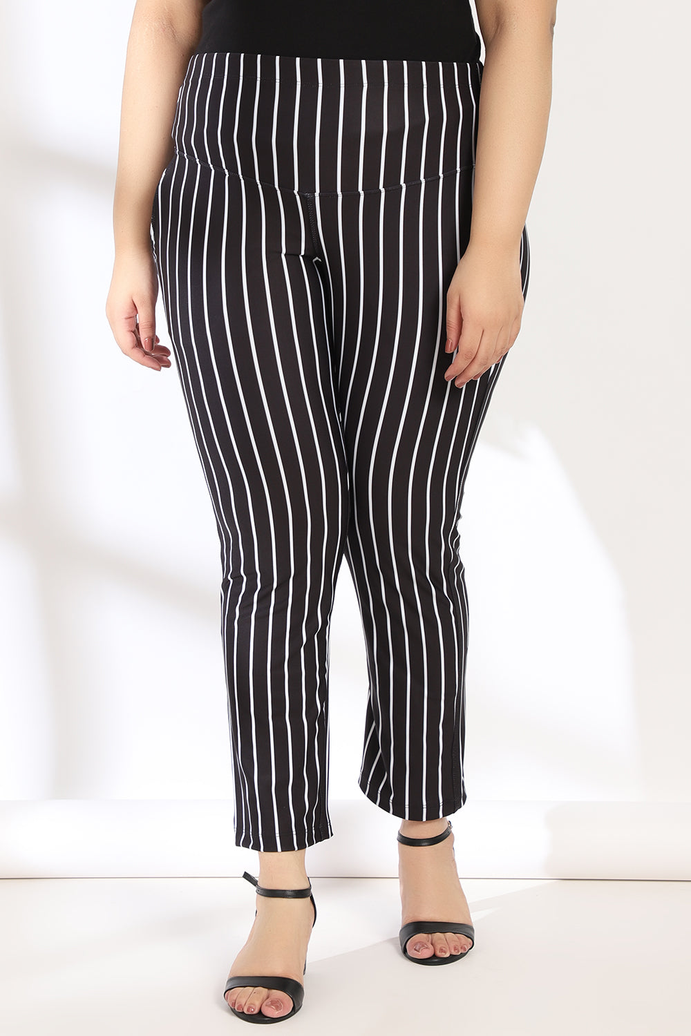 Black White Stripe Tummy Shaper Printed Pants