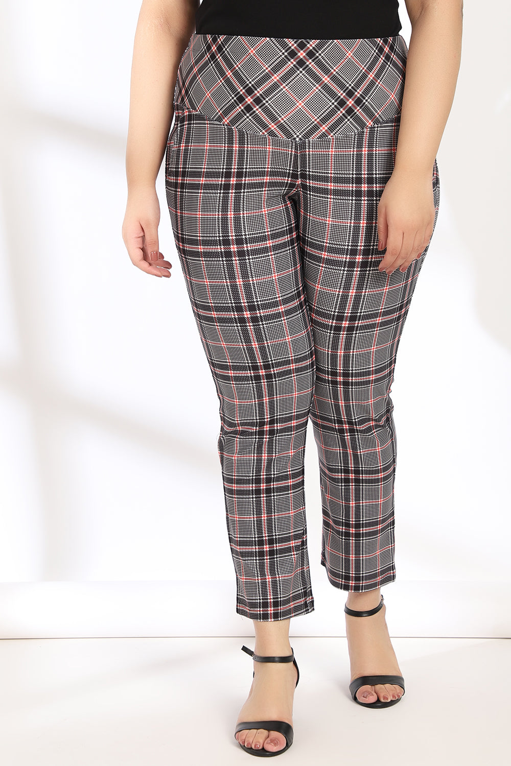 Black Red Dupplin Check Tummy Shaper Printed Pants
