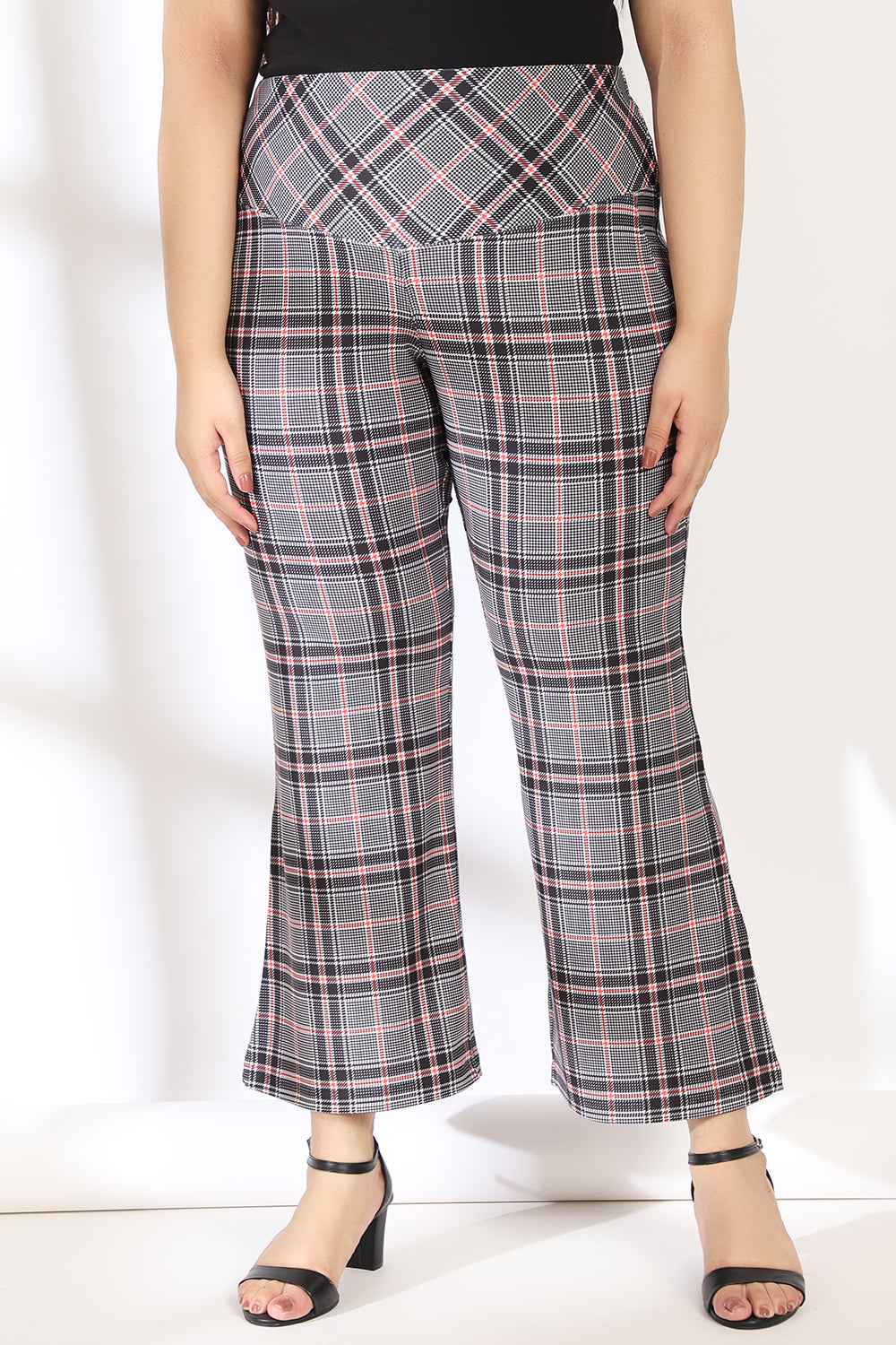 Comfortable Black Red Dupplin Check Tummy Shaper Printed Flare Pants