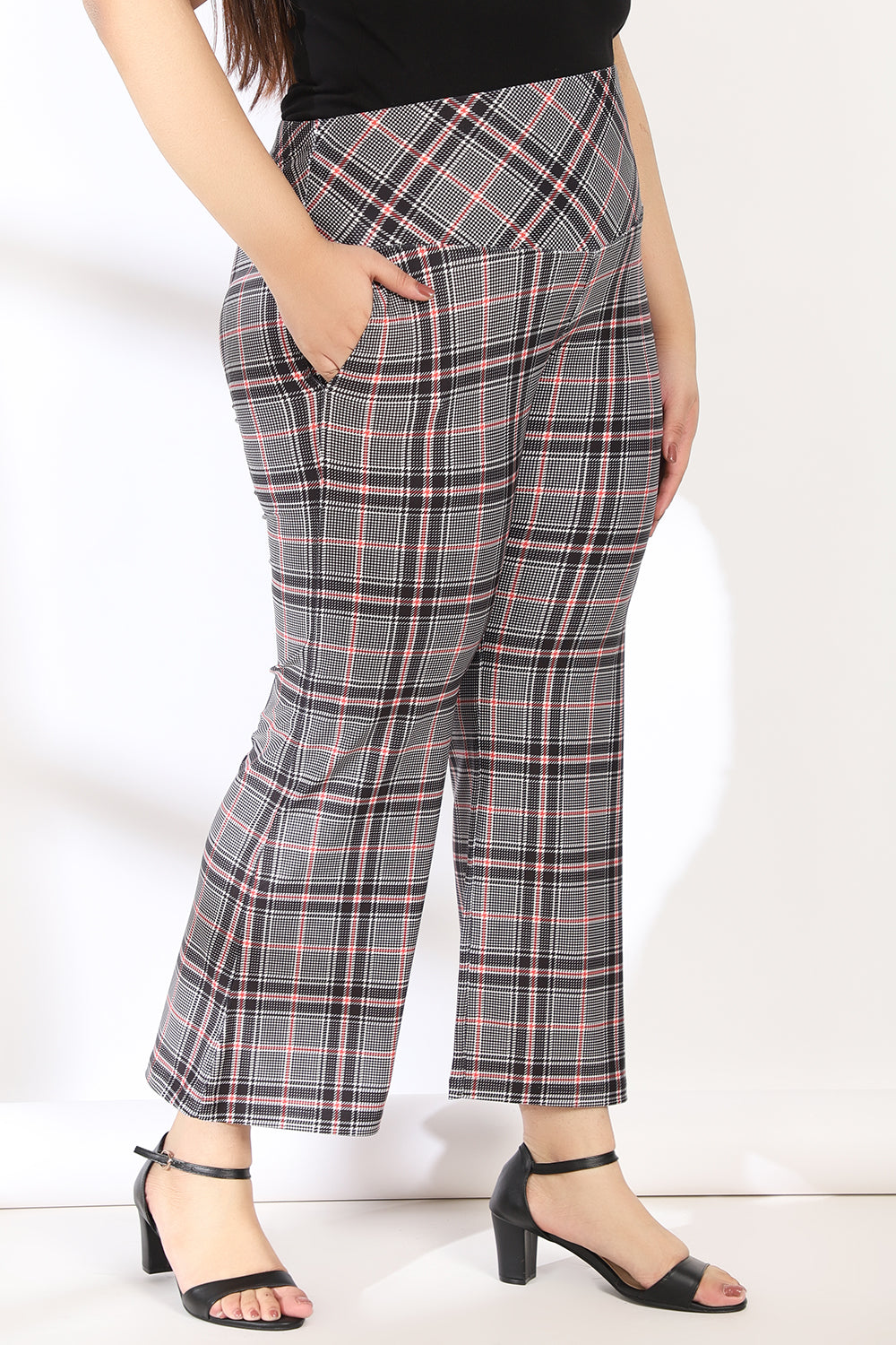 Black Red Dupplin Check Tummy Shaper Printed Flare Pants