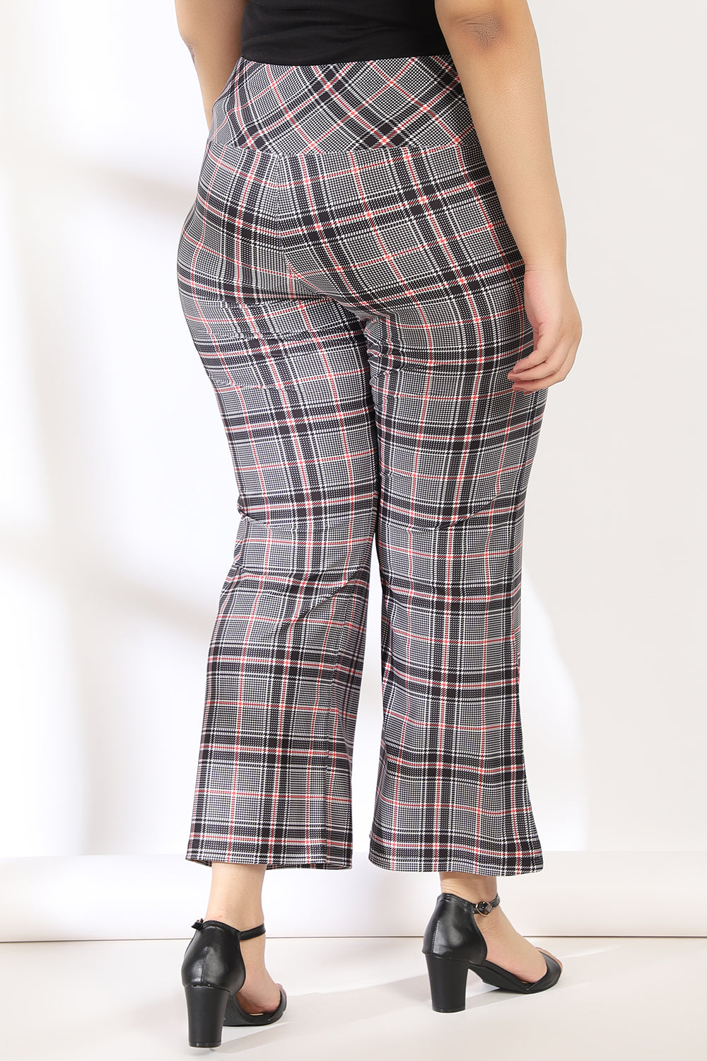 Black Red Dupplin Check Tummy Shaper Printed Flare Pants