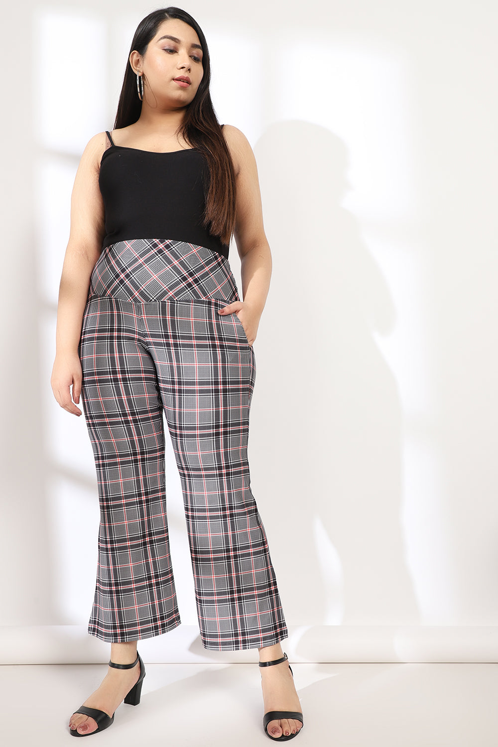 Plus Size Black Red Dupplin Check Tummy Shaper Printed Flare Pants