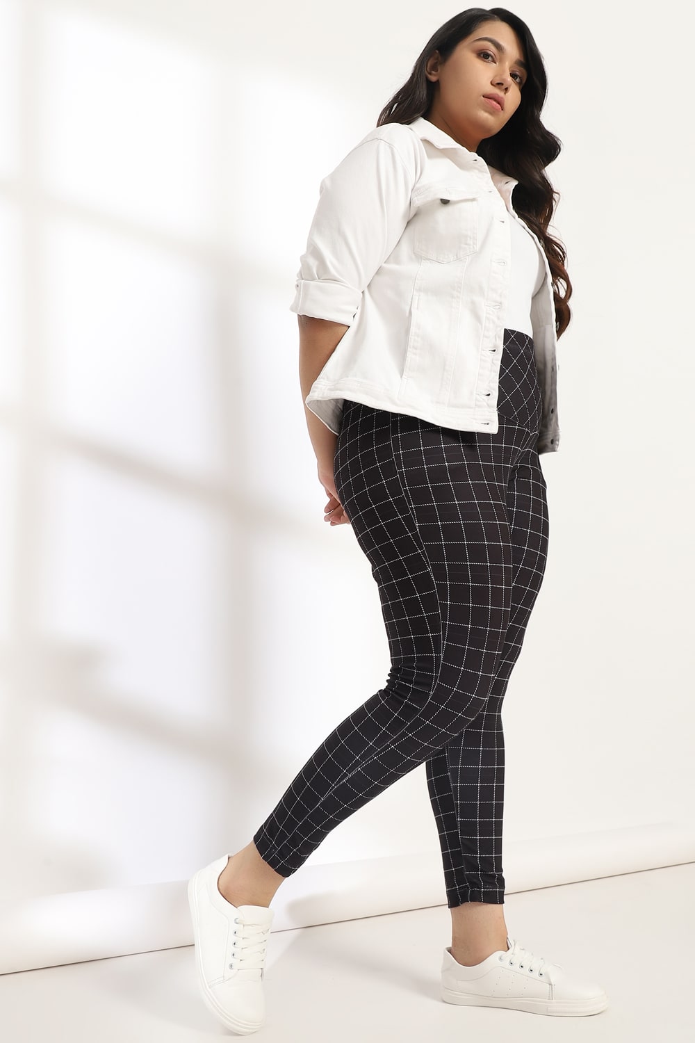 Black White Plaids Tummy Shaper Printed Leggings