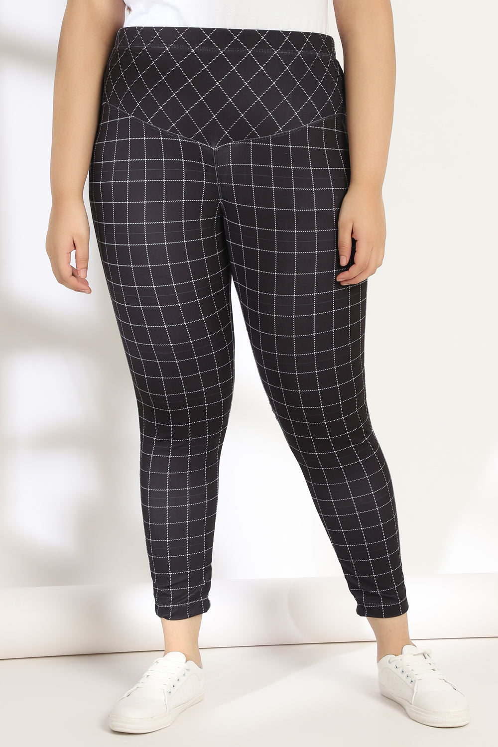 Buy Black White Plaids Tummy Shaper Printed Leggings