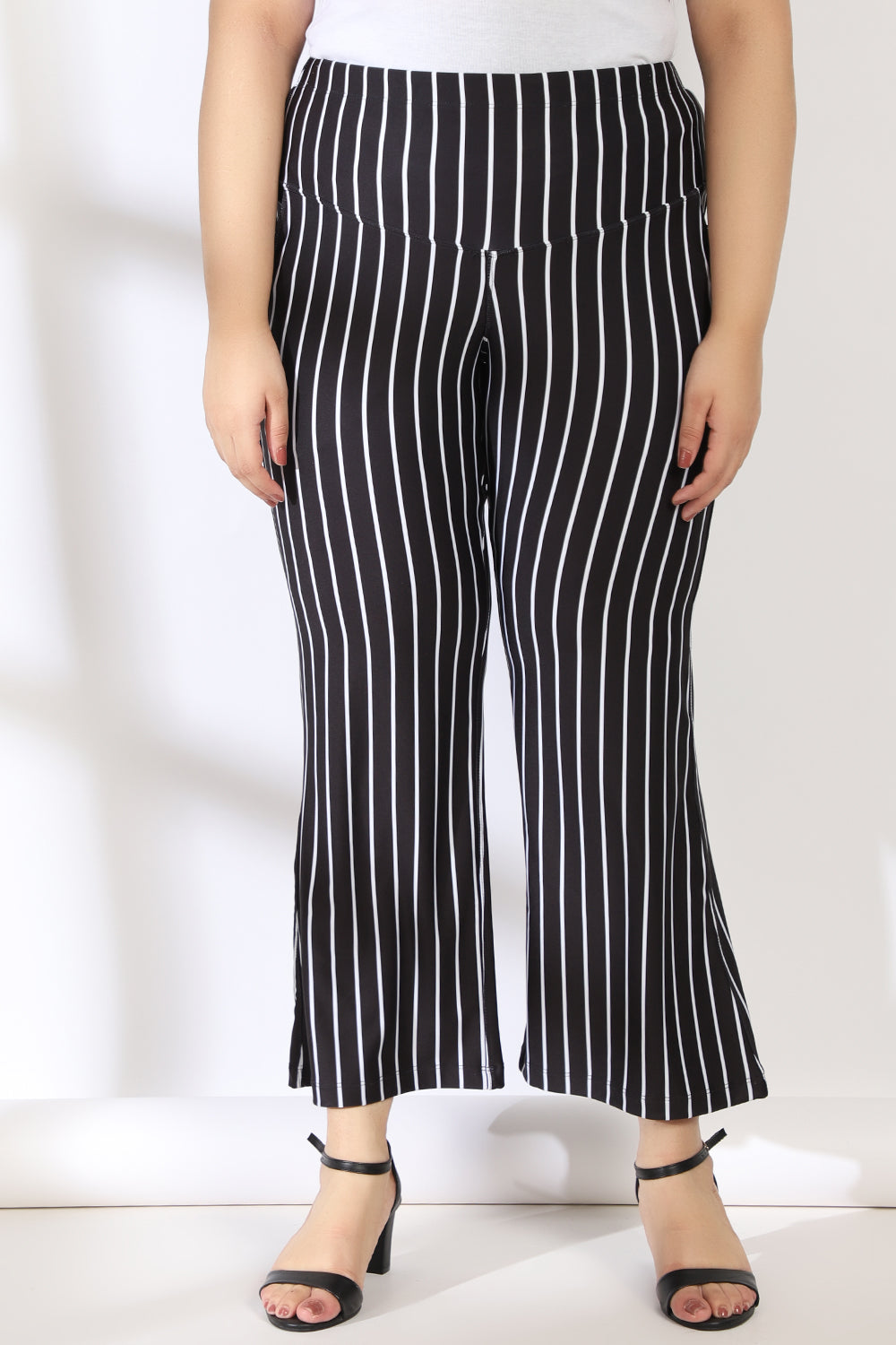 Plus Size Black White Stripe Tummy Shaper Printed Flare Pants