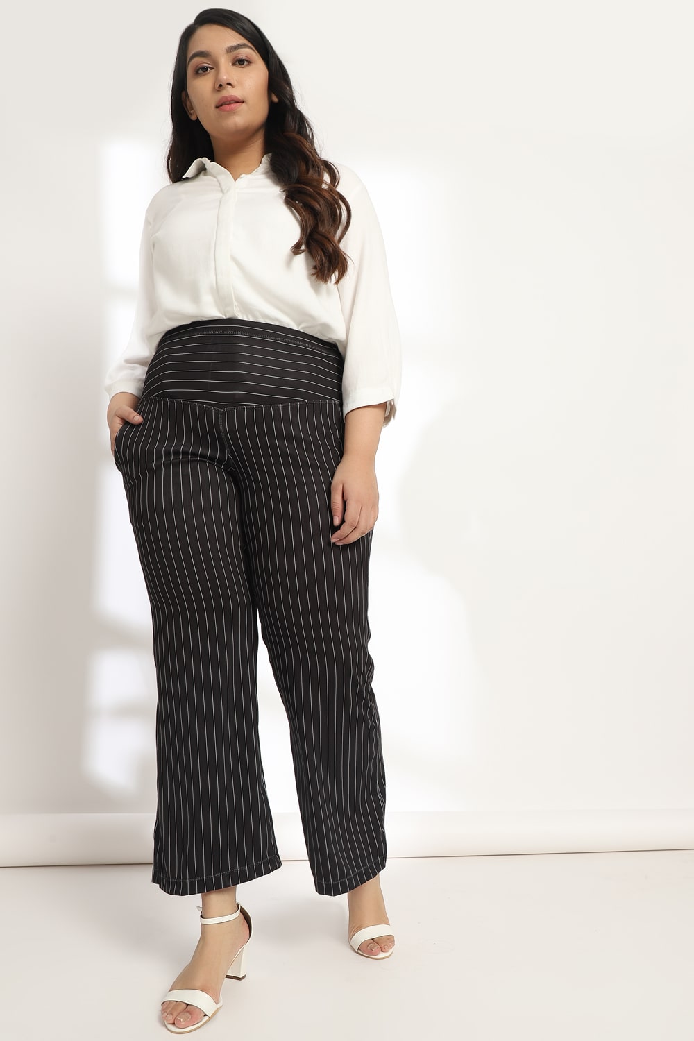Black Pin Stripes Tummy Shaper Printed Flare Pants