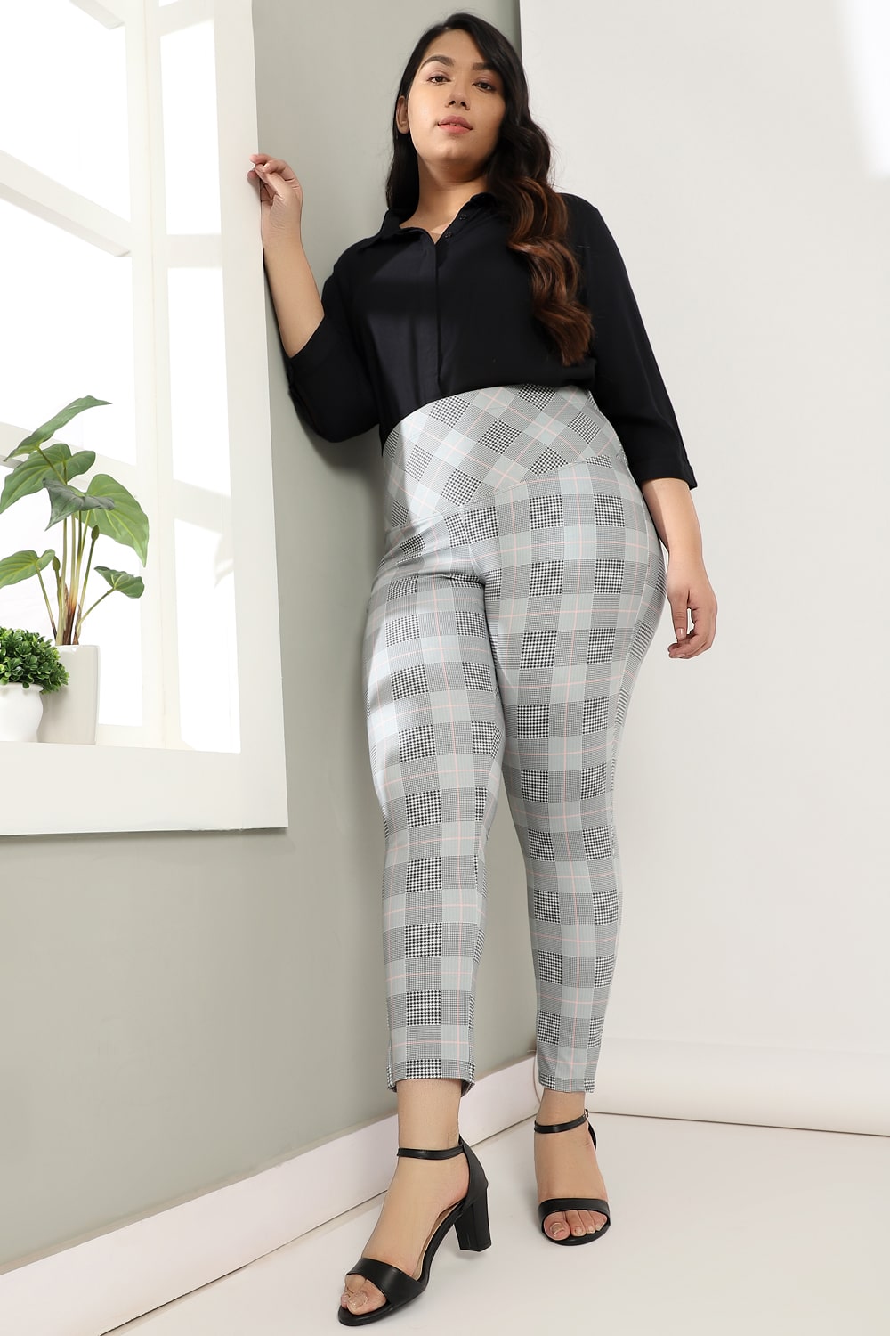 Grey Plaids Tummy Shaper Printed Pants