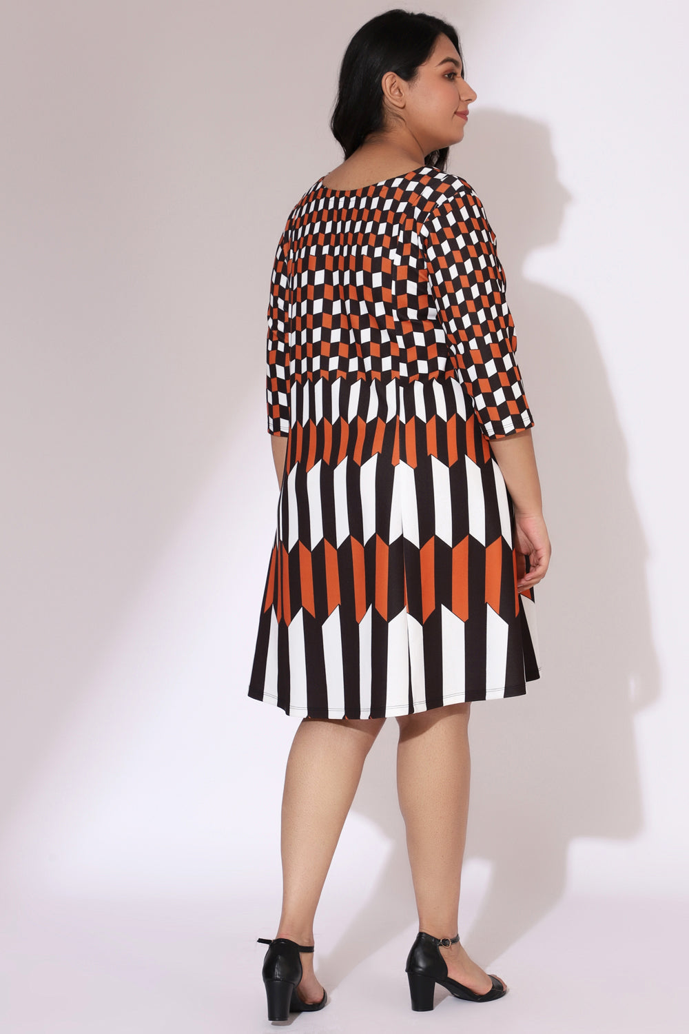 Comfortable Tan Black Chevron Play Printed Dress