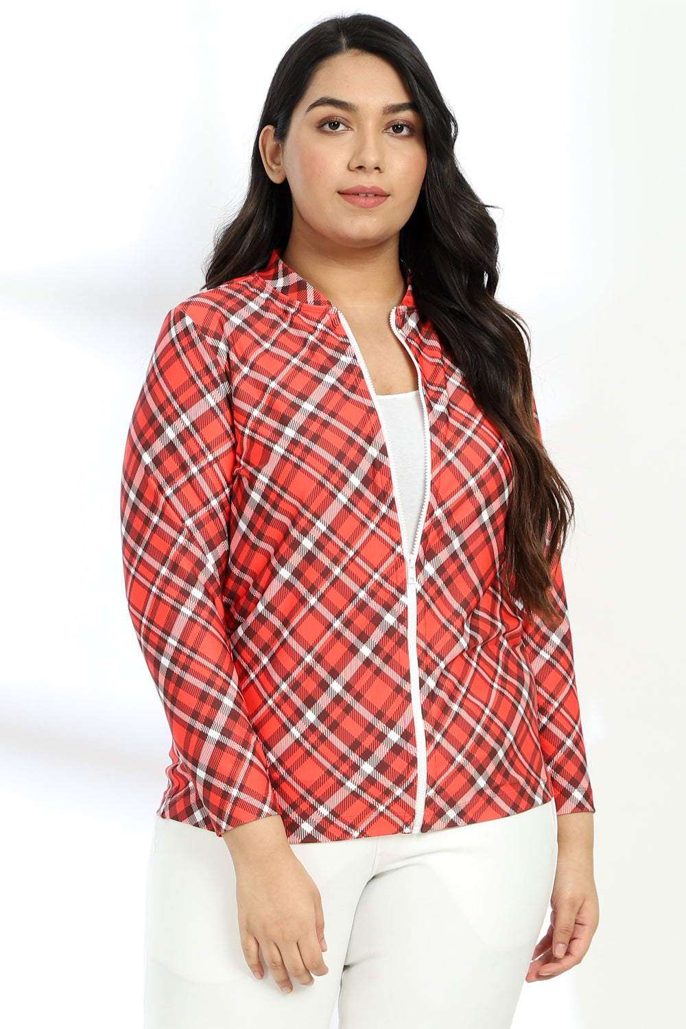 Red White Bais Check Printed Jacket