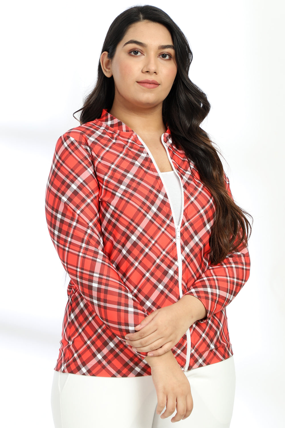 Red White Bais Check Printed Jacket