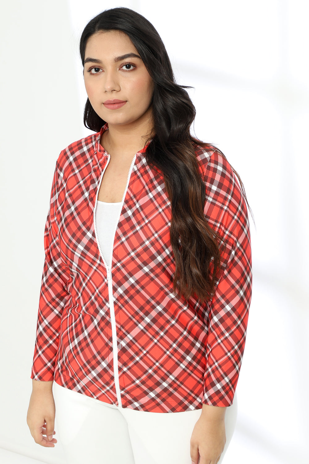 Red White Bais Check Printed Jacket