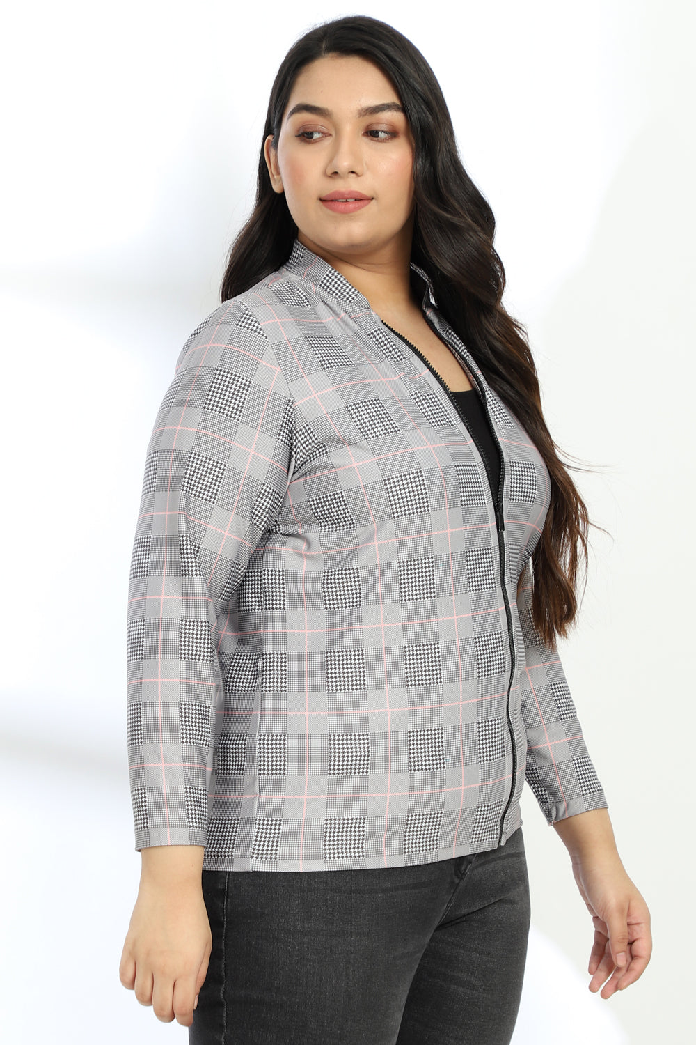 Grey Plaids Printed Jacket