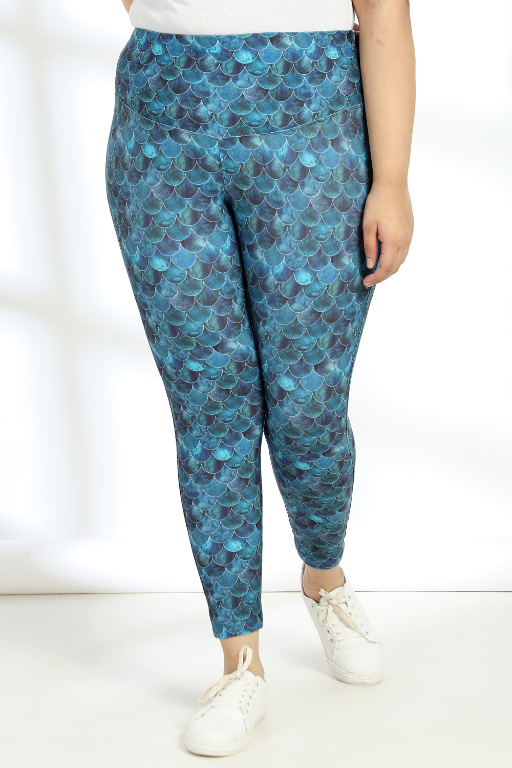 Teal Mermaid Tummy Shaper Printed Leggings for Women