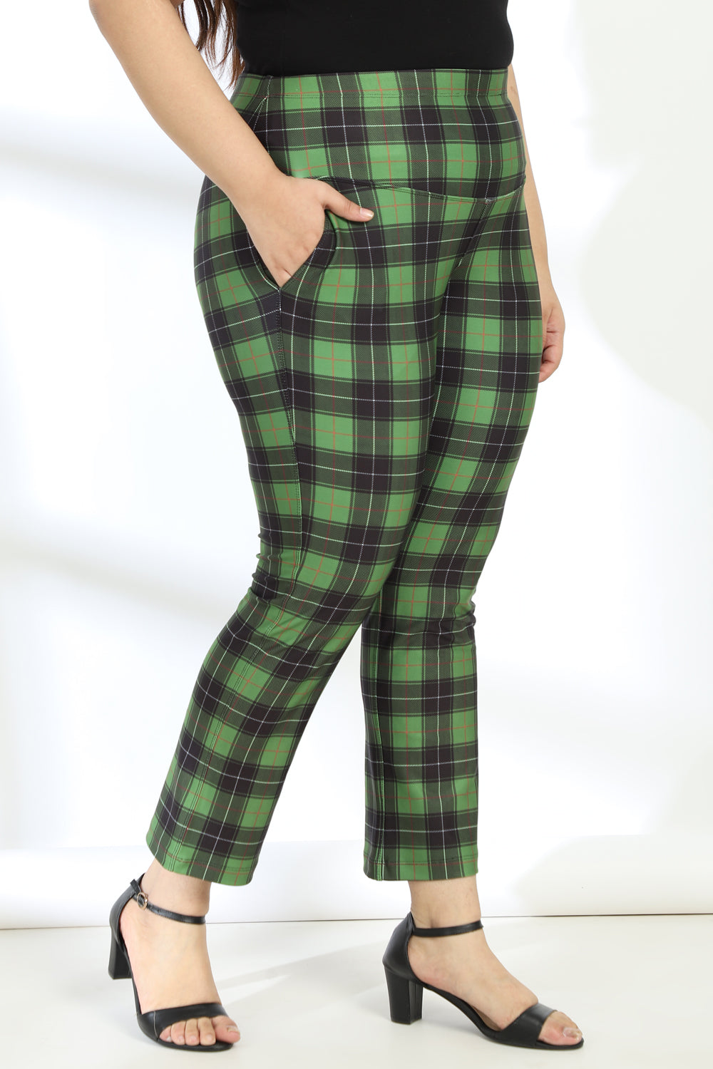 Plus Size Green Black Check Tummy Shaper Printed Pants