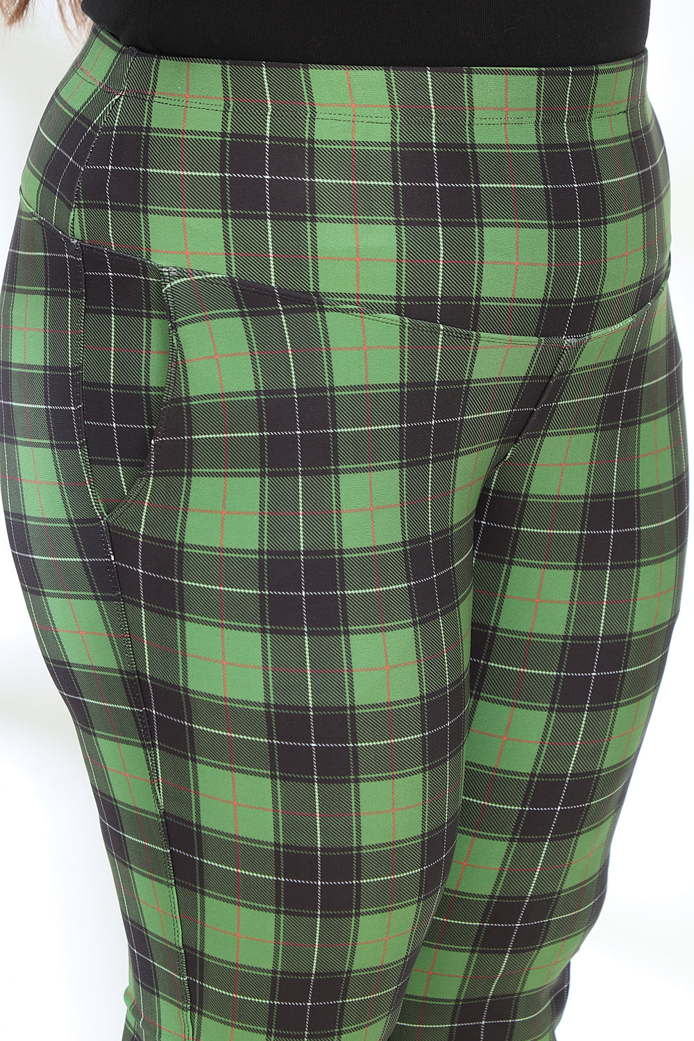 Green Black Check Tummy Shaper Printed Pants for Women