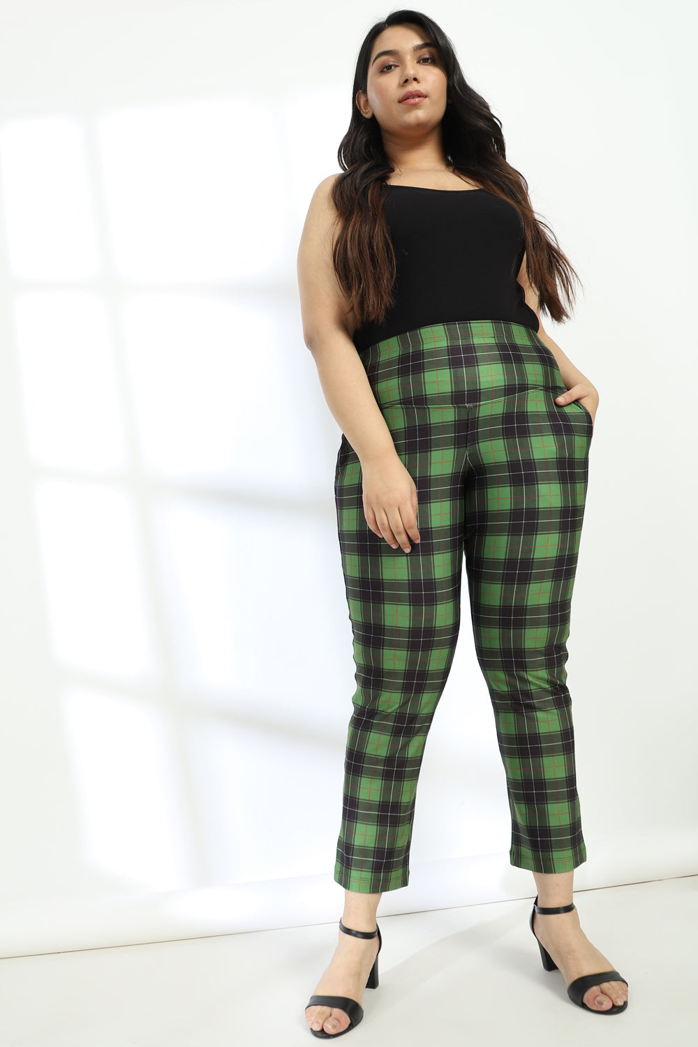 Green Black Check Tummy Shaper Printed Pants