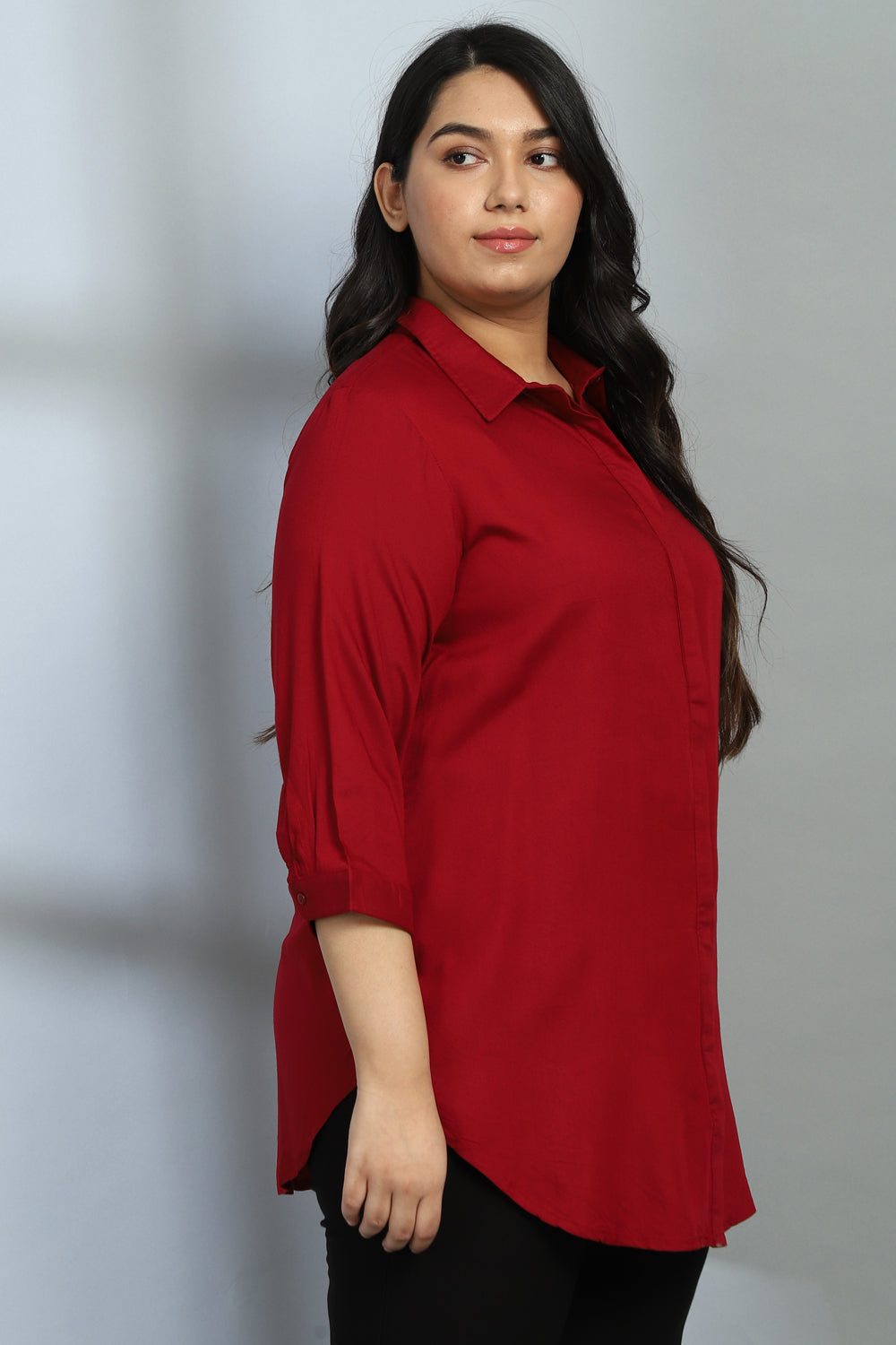 Comfortable Red Round Hemline Shirt