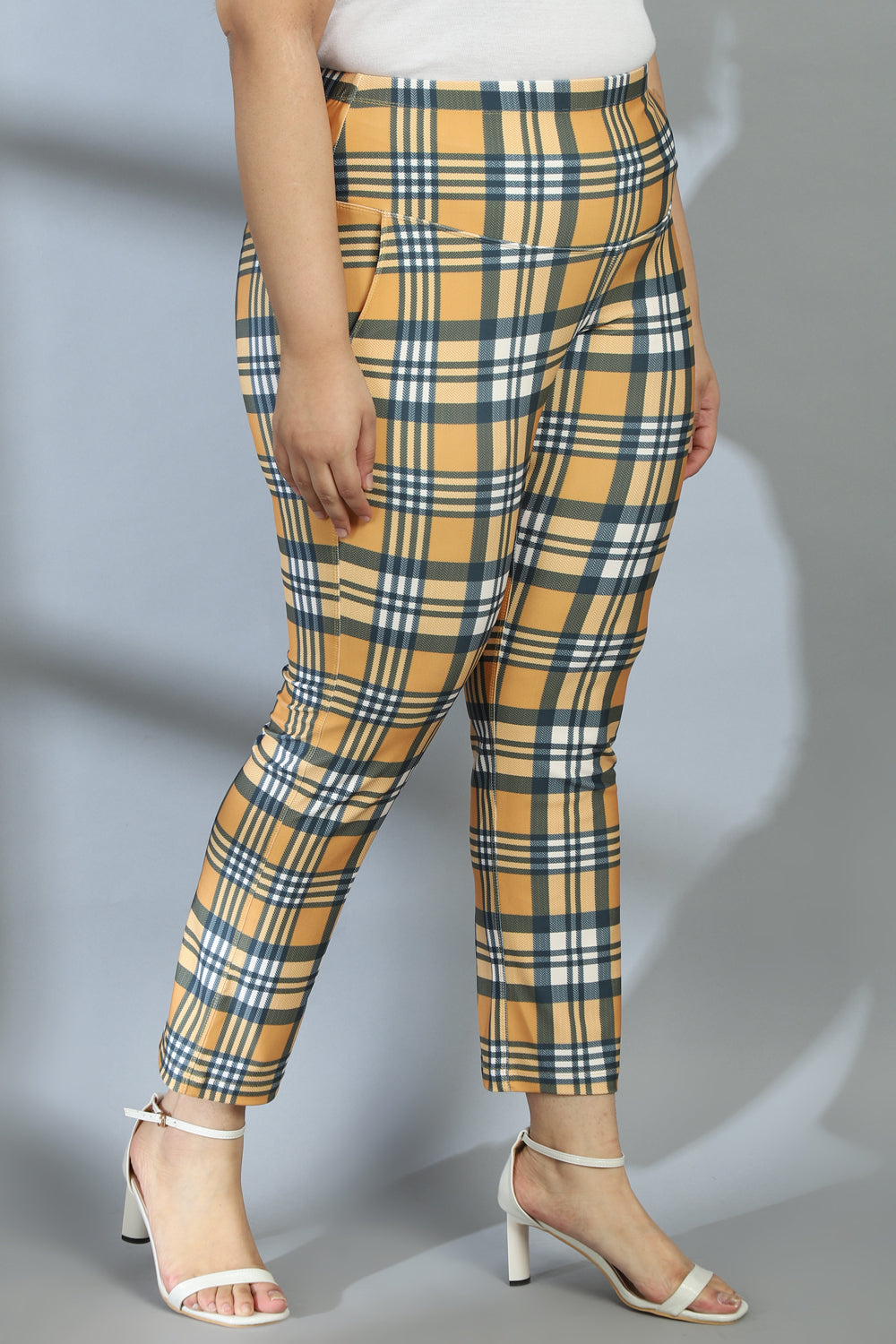 Yellow Check Tummy Shaper Printed Pants