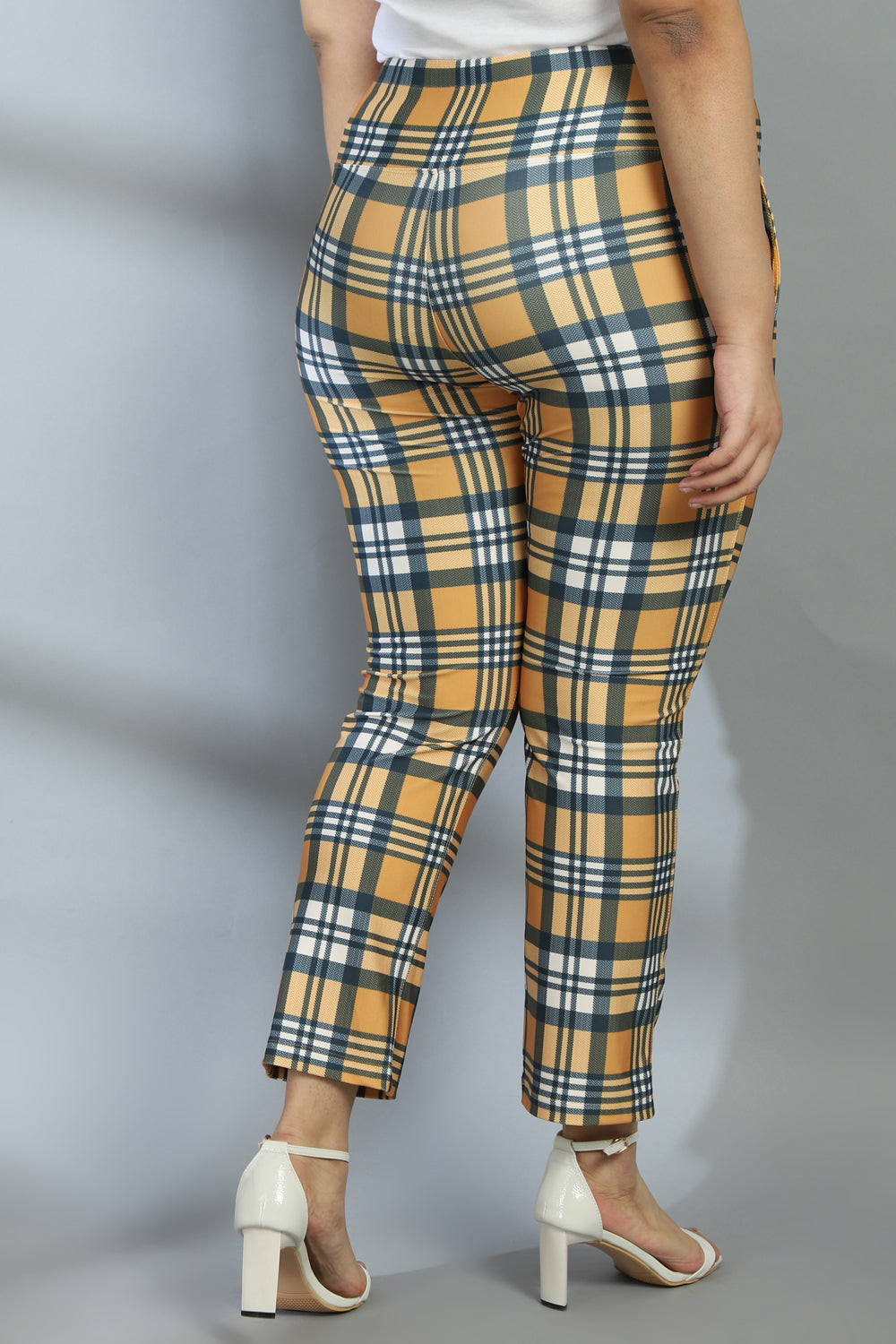 Yellow Check Tummy Shaper Printed Pants