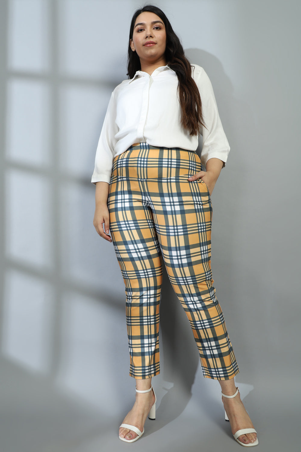 Yellow Check Tummy Shaper Printed Pants