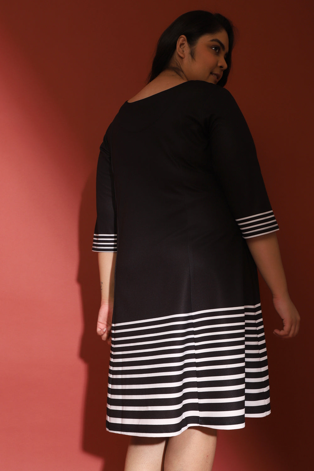 White Stripe Bottom Play Black Printed Dress for Women