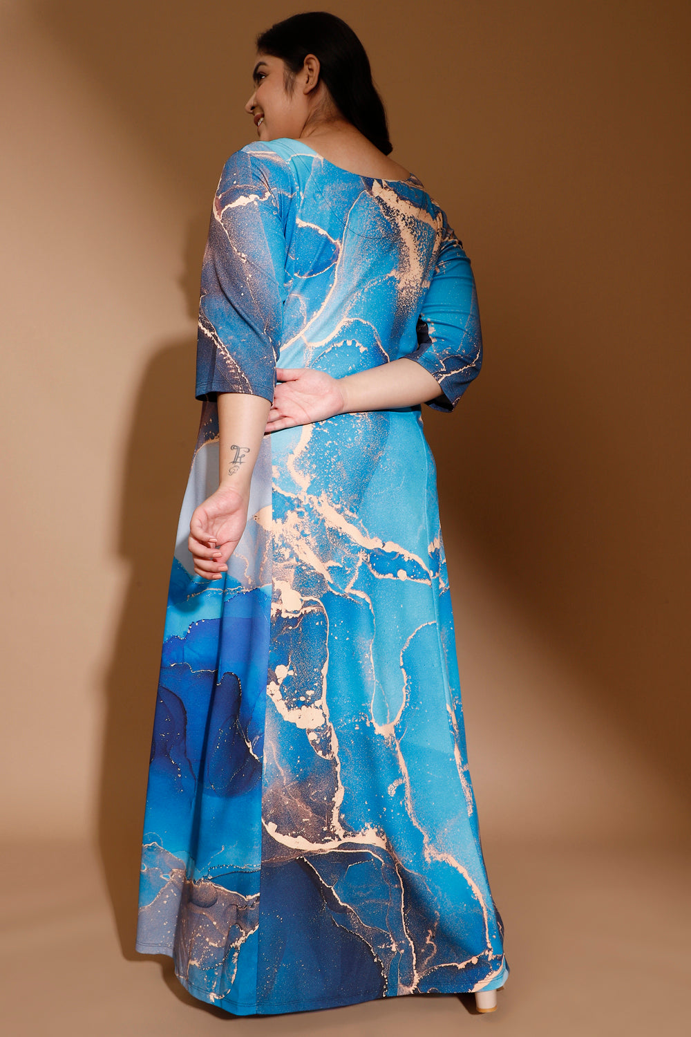 Golddust Printed Blue Plus Size Maxi Dress for Women