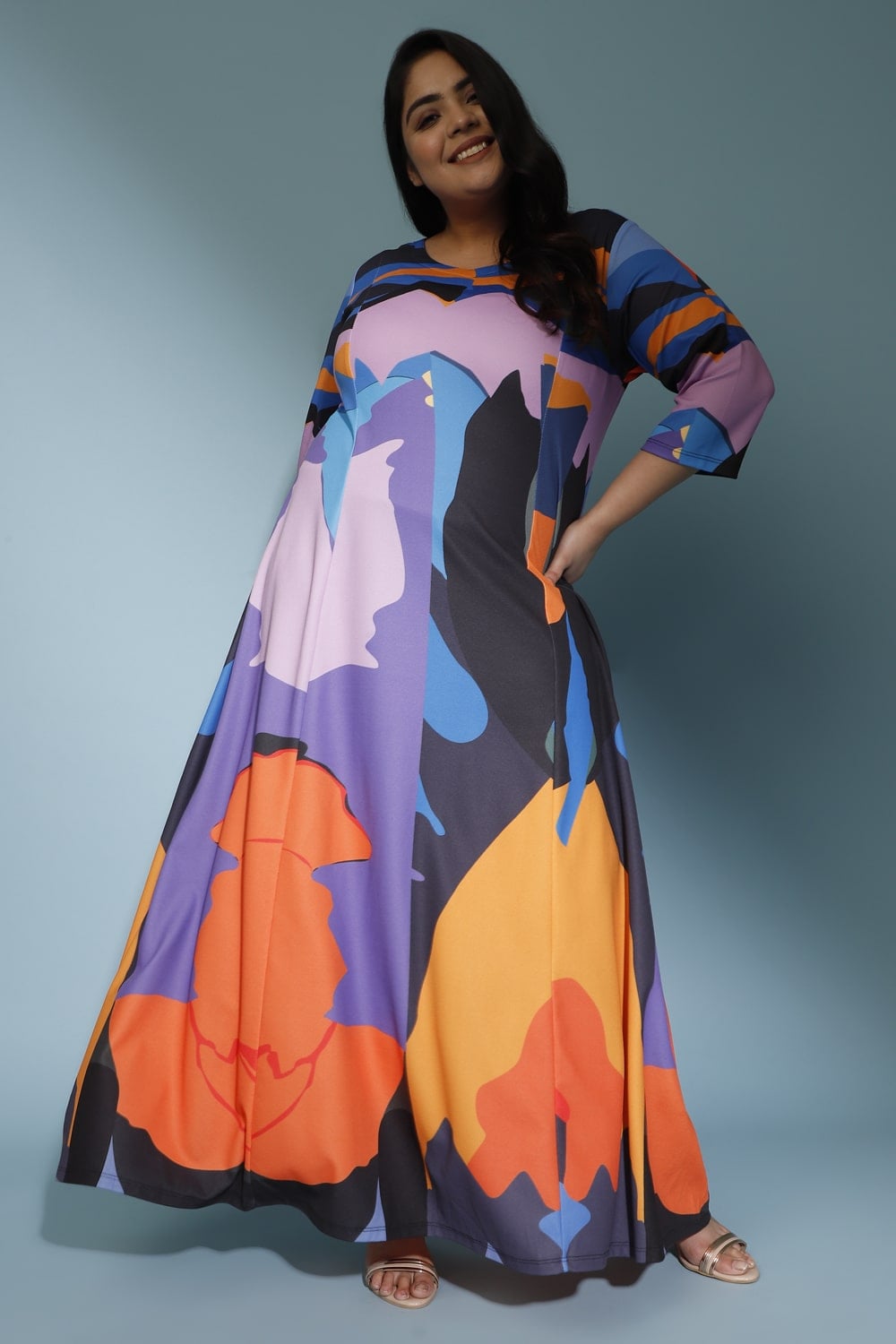 Plus Size Abstract Colour Block Long Dress Online in India