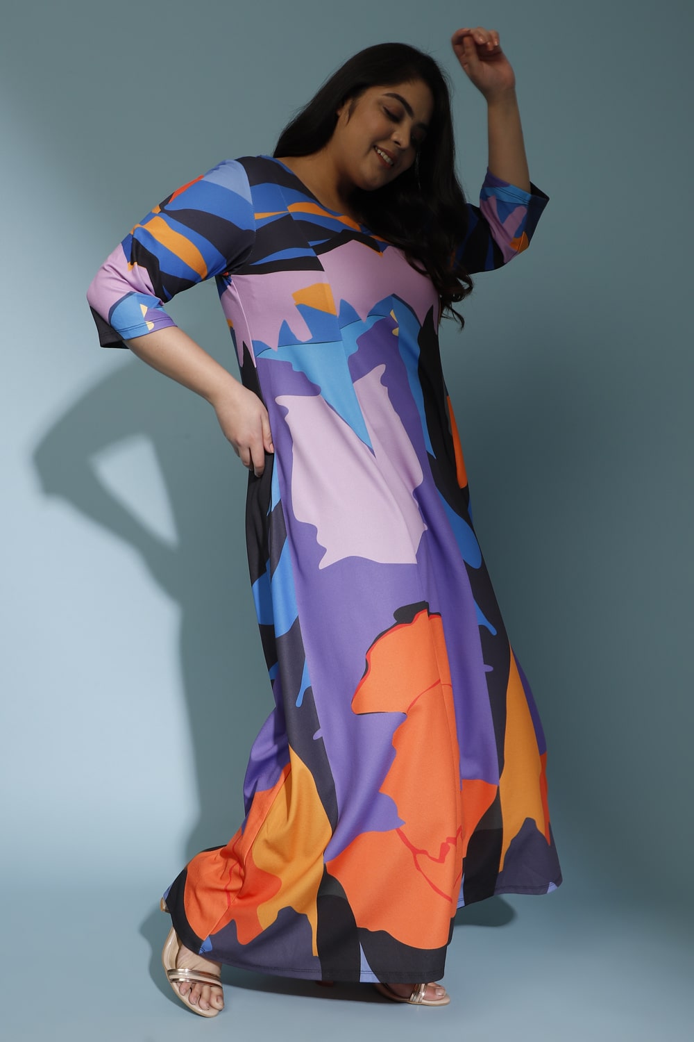 Plus Size Abstract Colour Block Long Dress