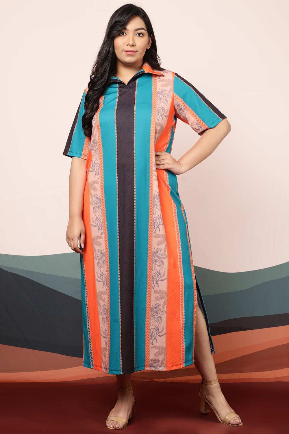 Plus Size Ethnic Striped Long Shirt Dress