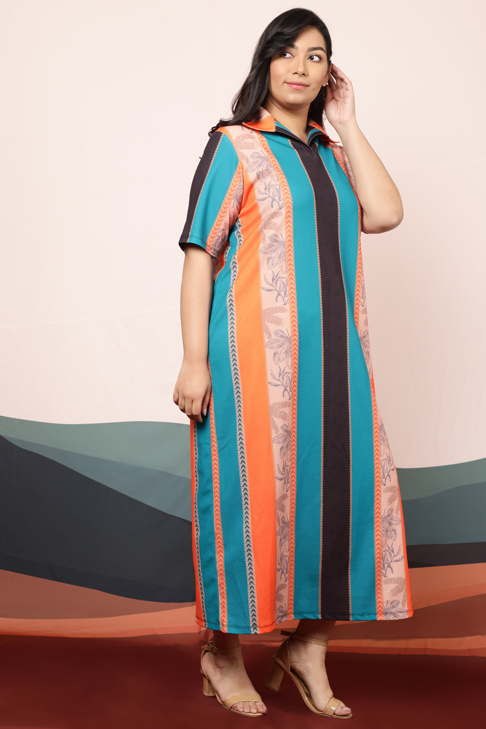 Plus Size Ethnic Striped Long Shirt Dress for Women