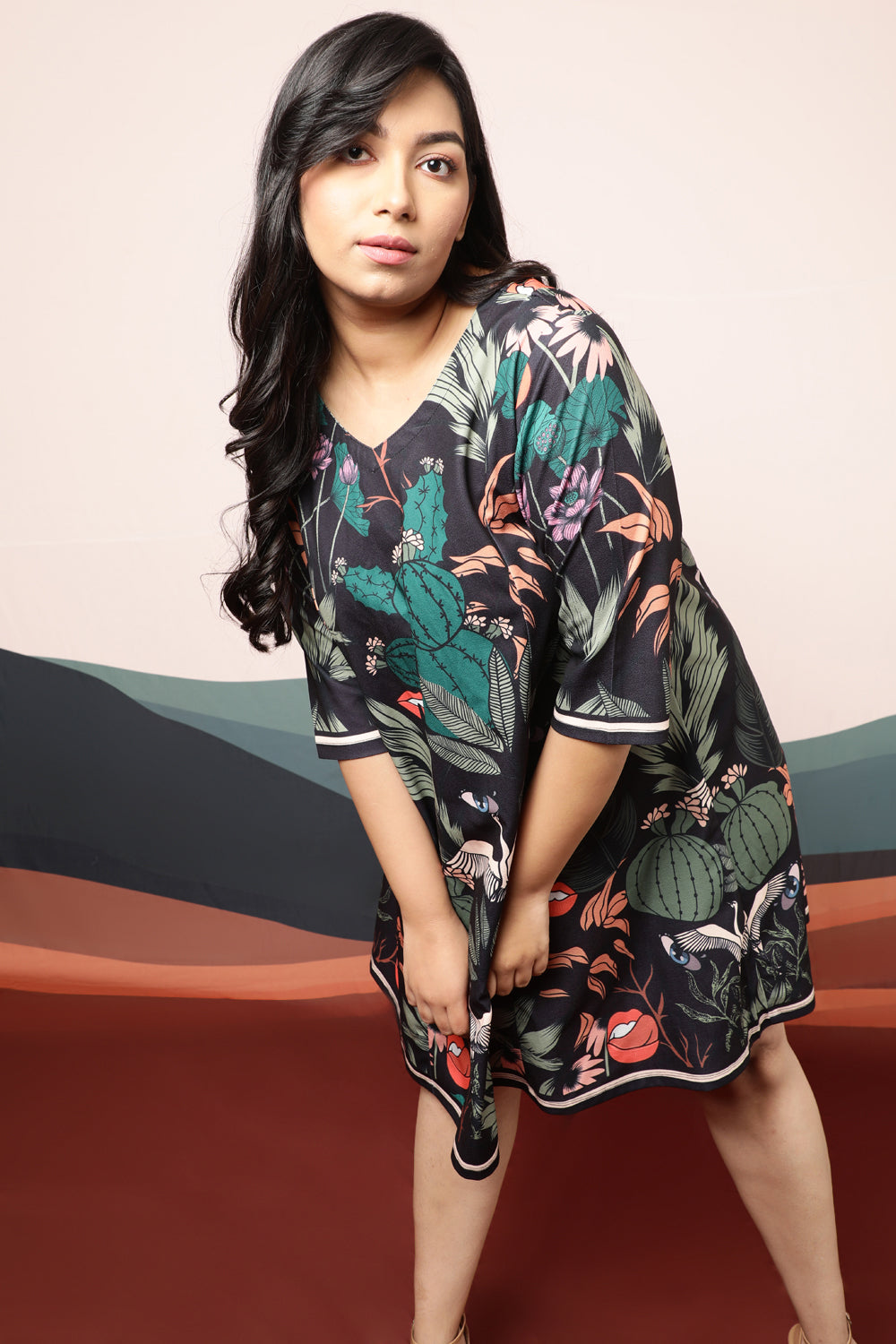 Plus Size Quirky Wildlife Black Printed Dress