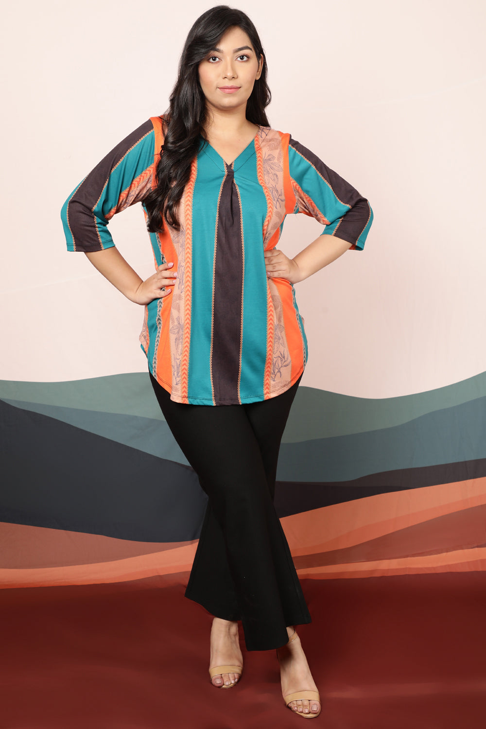 Plus Size Ethnic Striped Centre Pleat Top