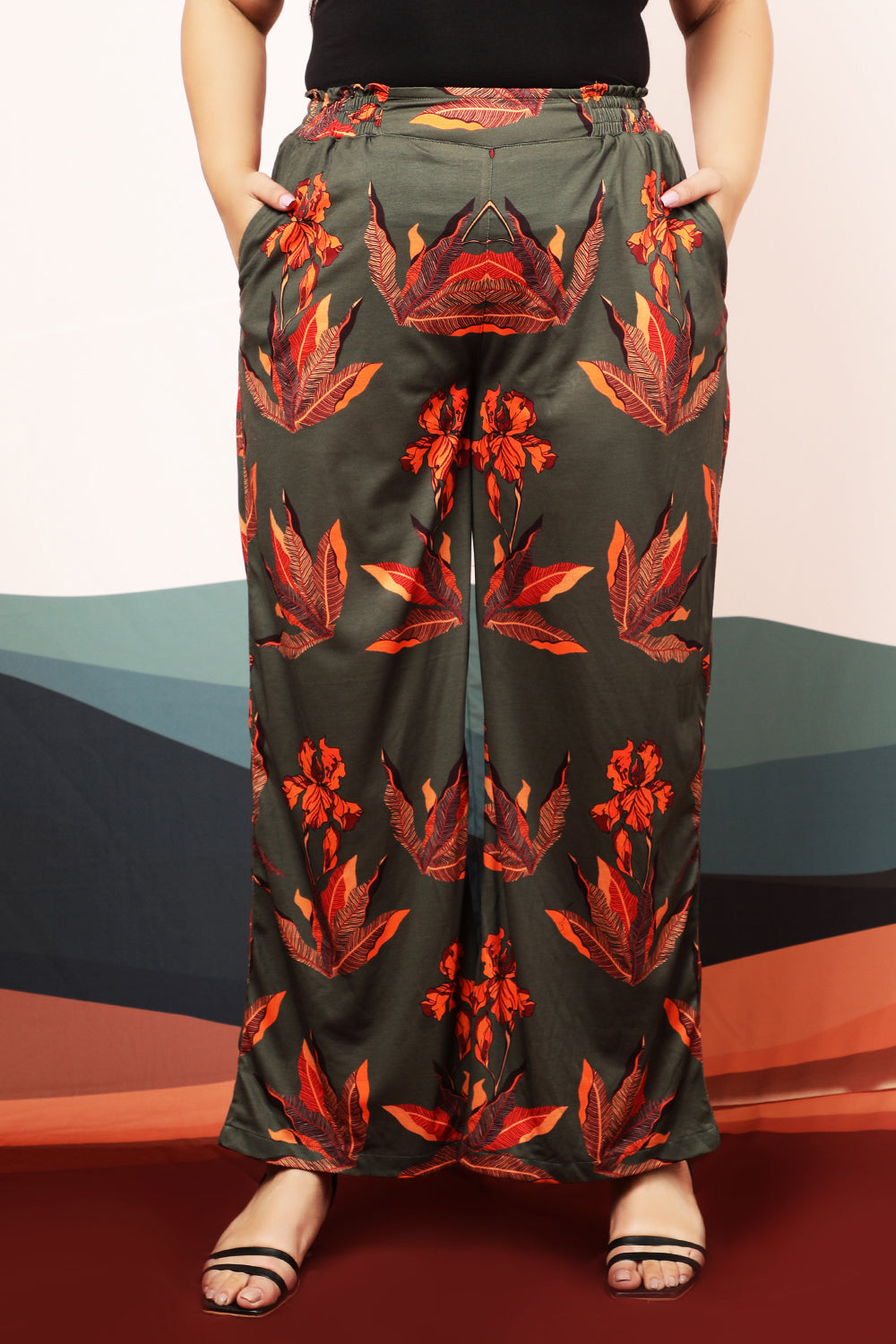Plus Size Marsh Green Leaf Print High Waist Pants
